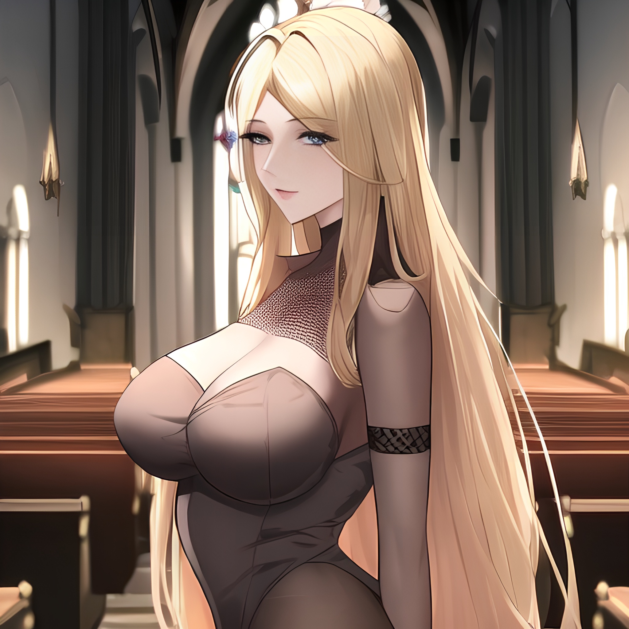 small boobs front view blonde nude long hair church woman fishnet 