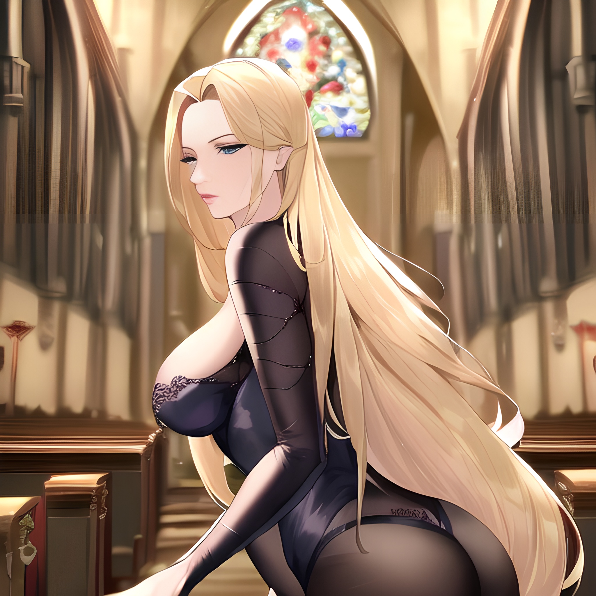 small boobs front view long hair blonde fishnet woman church nude