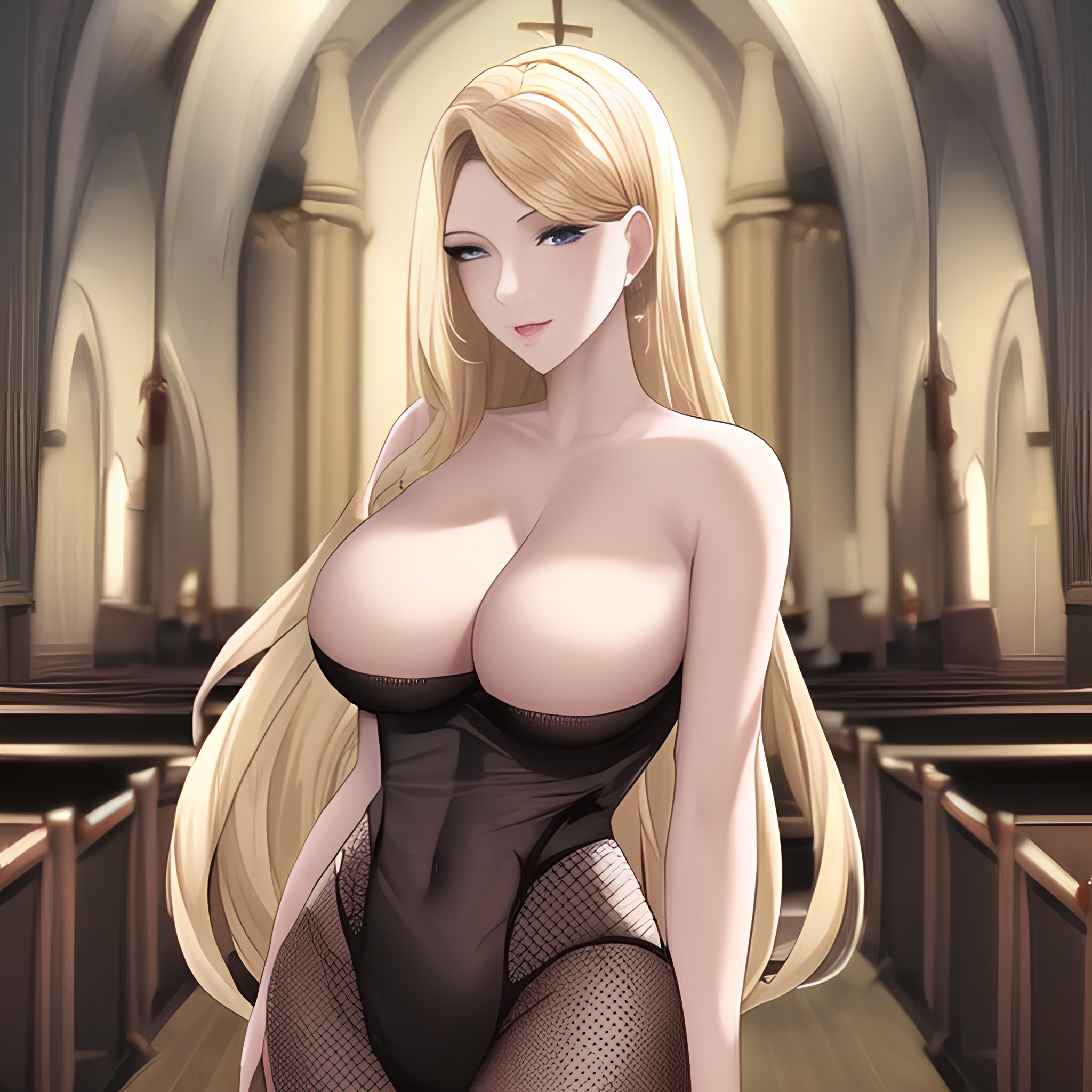 small boobs front view long hair fishnet blonde woman church nude 