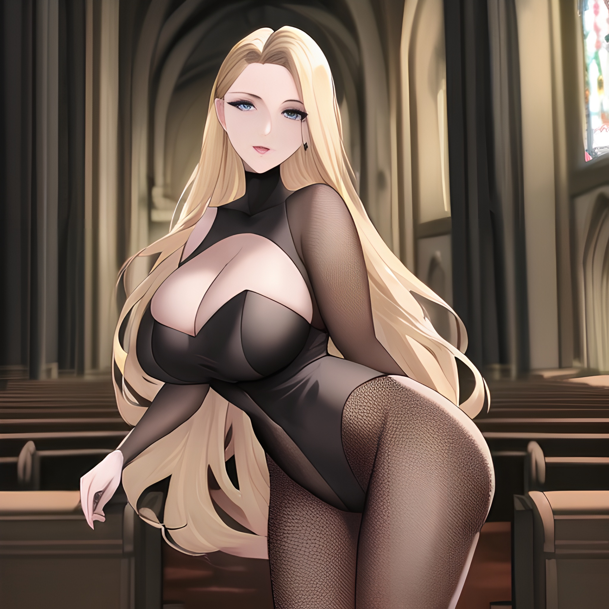 small boobs front view nude fishnet blonde church woman long hair 