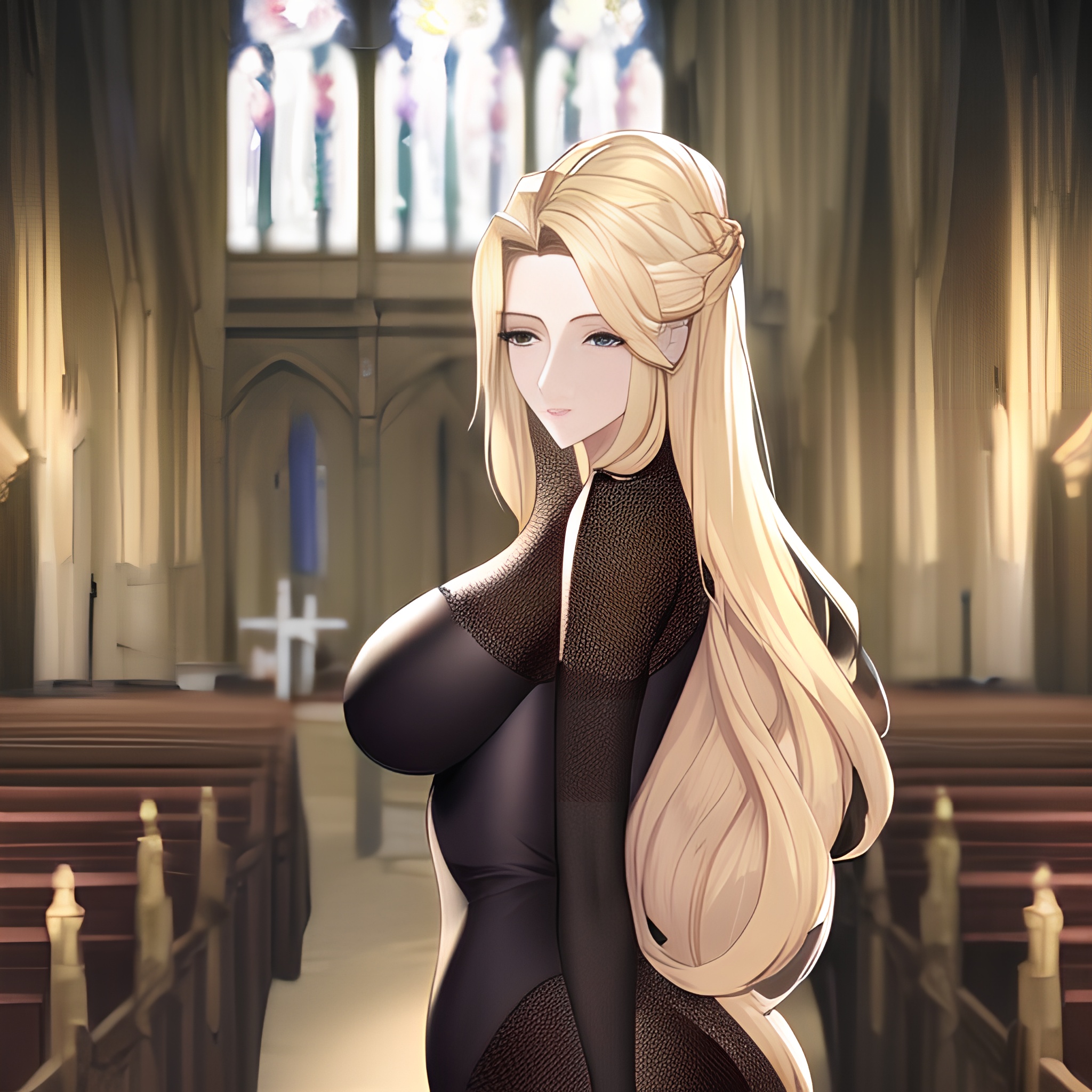 small boobs front view woman blonde church long hair fishnet nude 