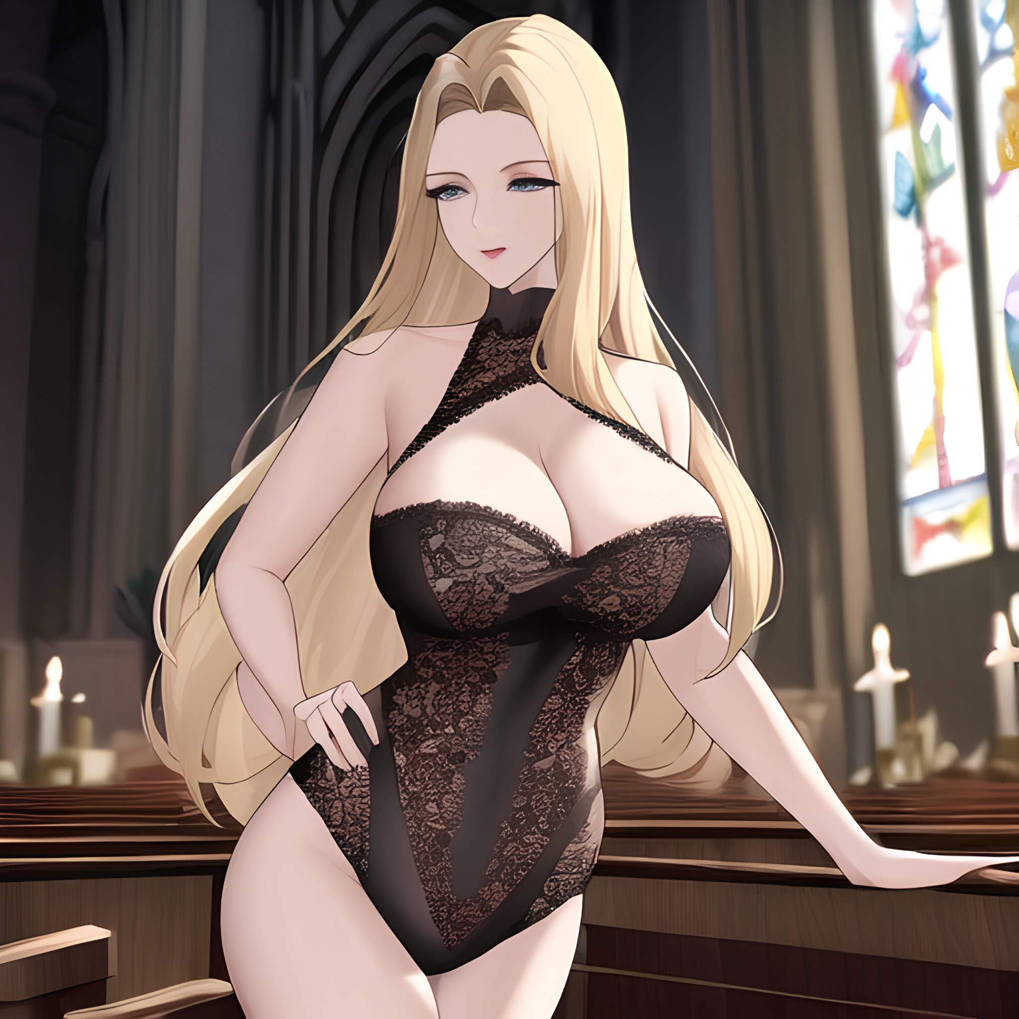 small boobs front view woman blonde nude fishnet church long hair 
