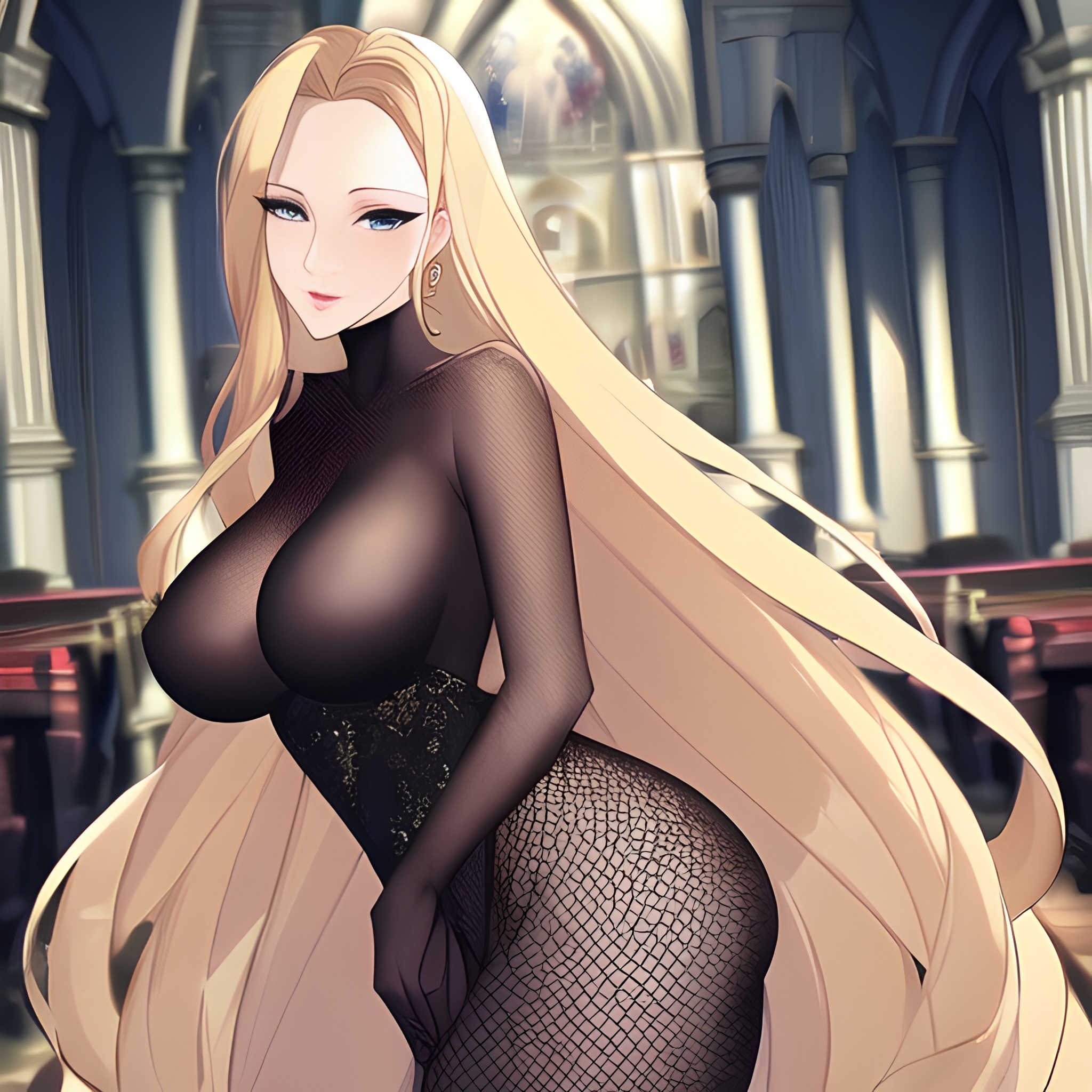 small boobs front view woman nude fishnet blonde church long hair 