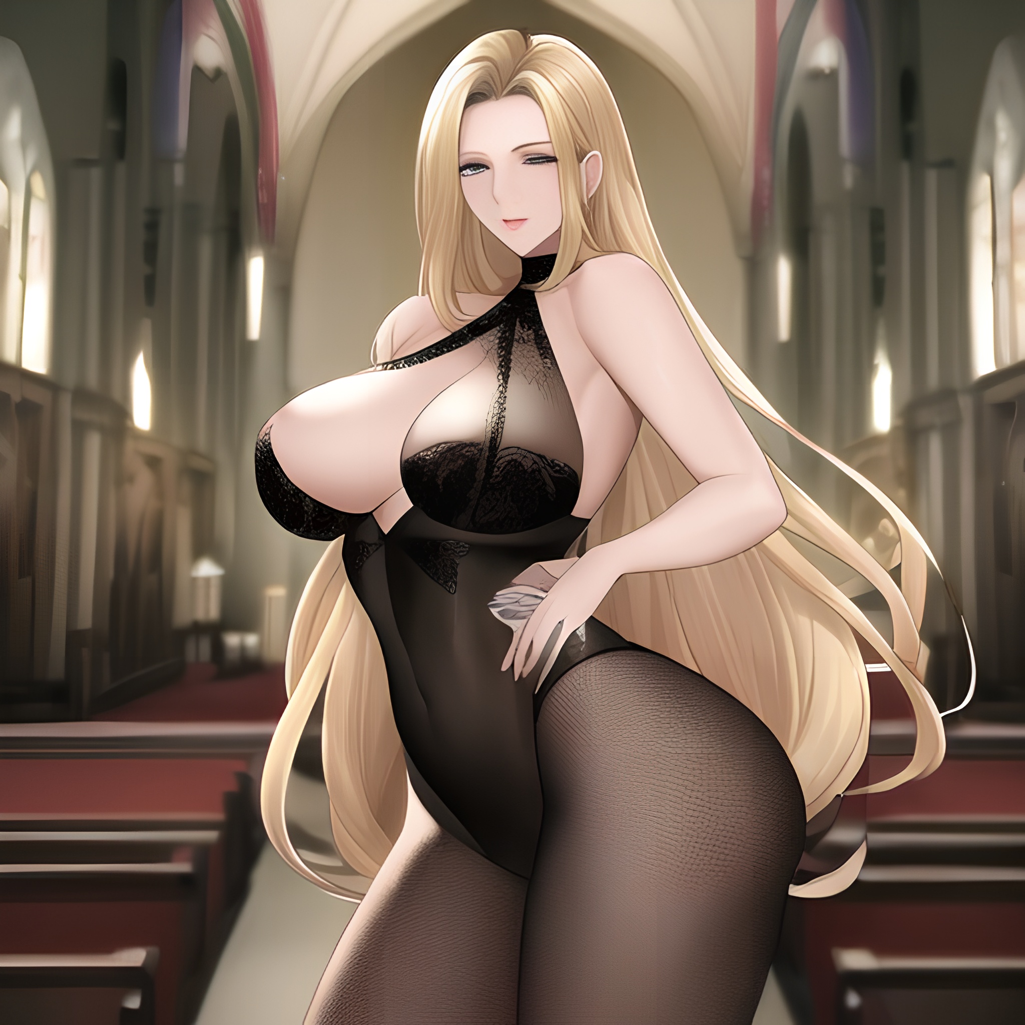 small boobs long hair church front view fishnet nude woman blonde