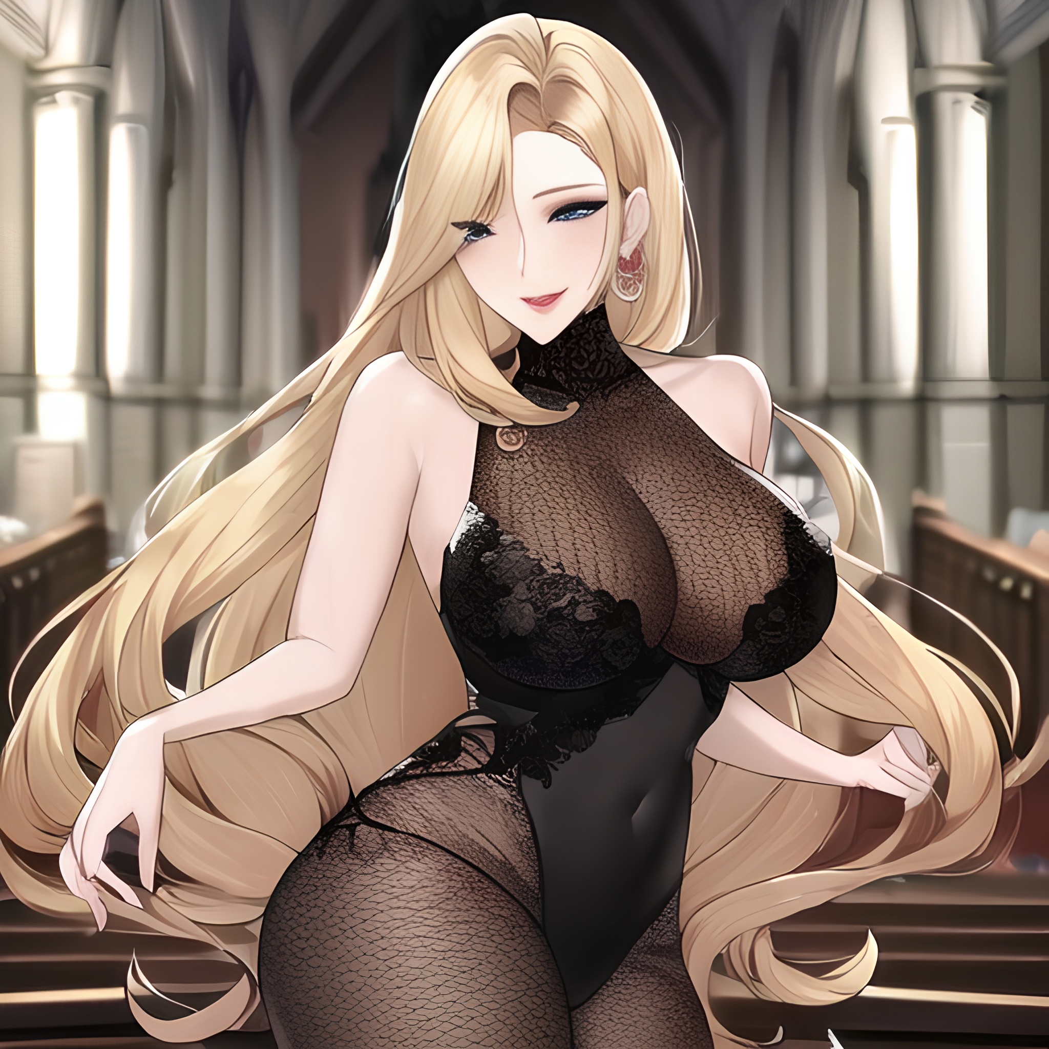 small boobs long hair church woman fishnet nude front view blonde