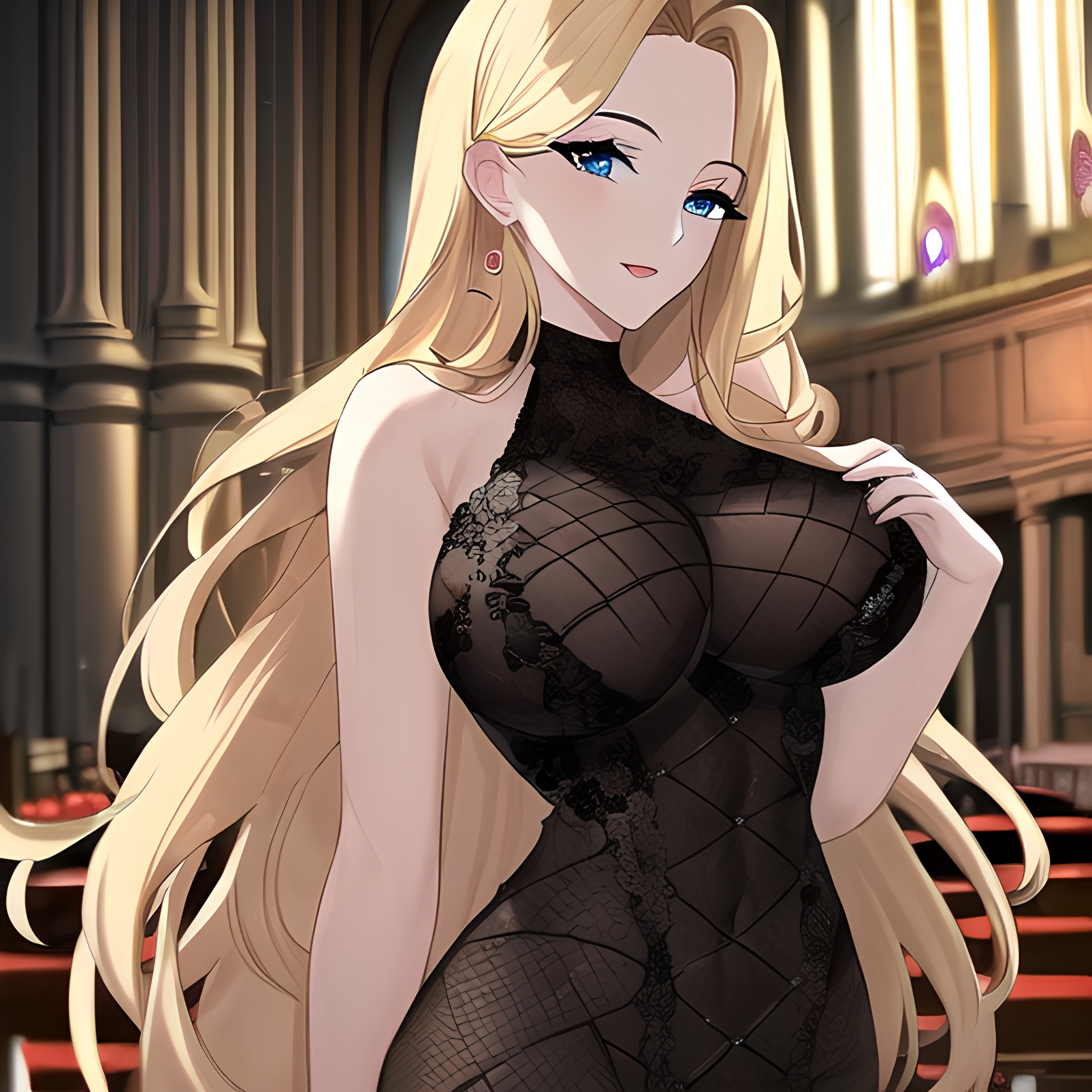 small boobs long hair fishnet nude woman church blonde front view 