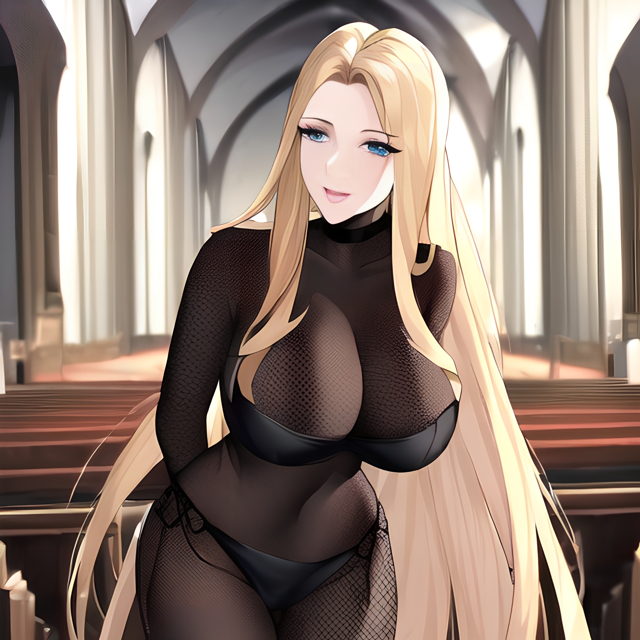 small boobs long hair fishnet woman church front view blonde nude 