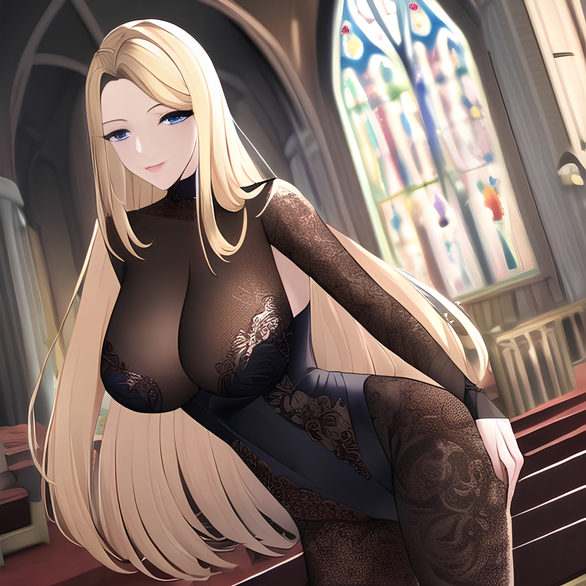 small boobs long hair front view blonde nude woman church fishnet 