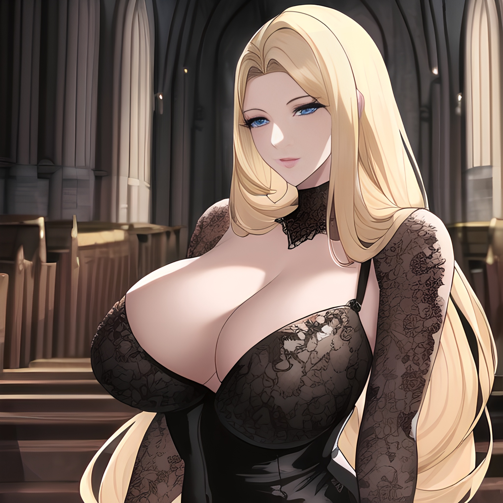 small boobs long hair front view woman church nude blonde fishnet 