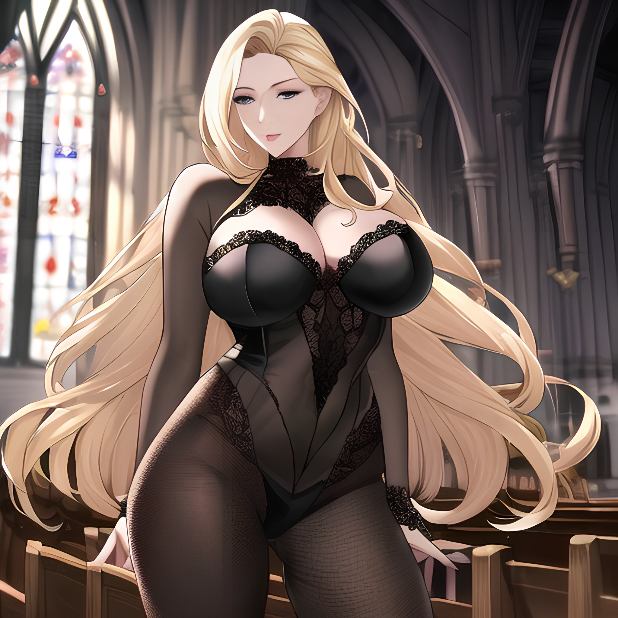 small boobs long hair woman fishnet nude front view church blonde
