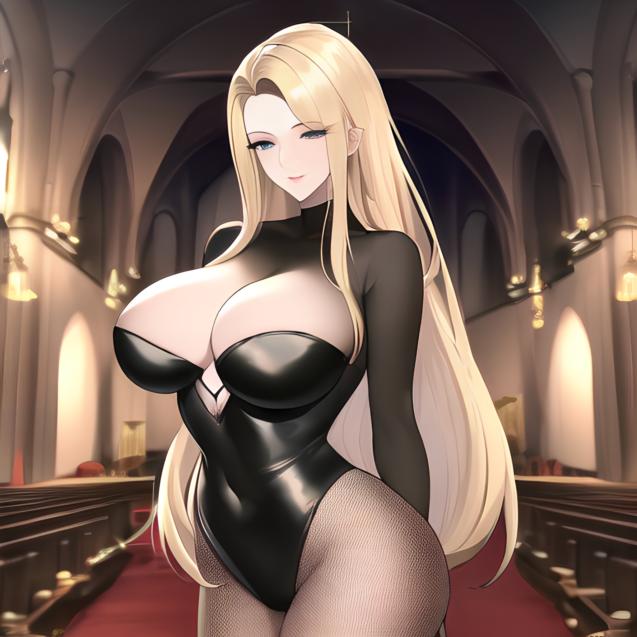 small boobs long hair woman front view church blonde nude fishnet 