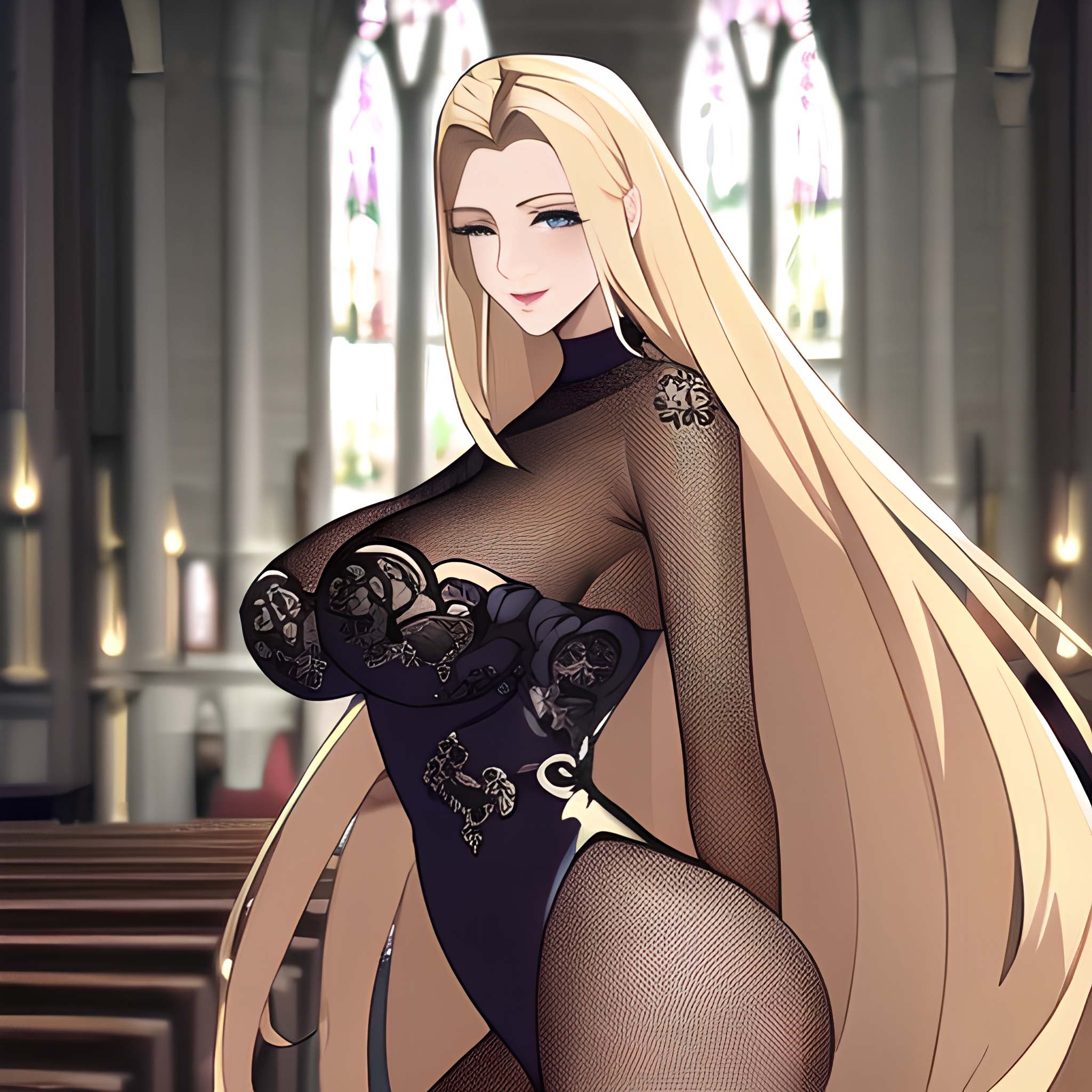 small boobs nude blonde church woman long hair front view fishnet 