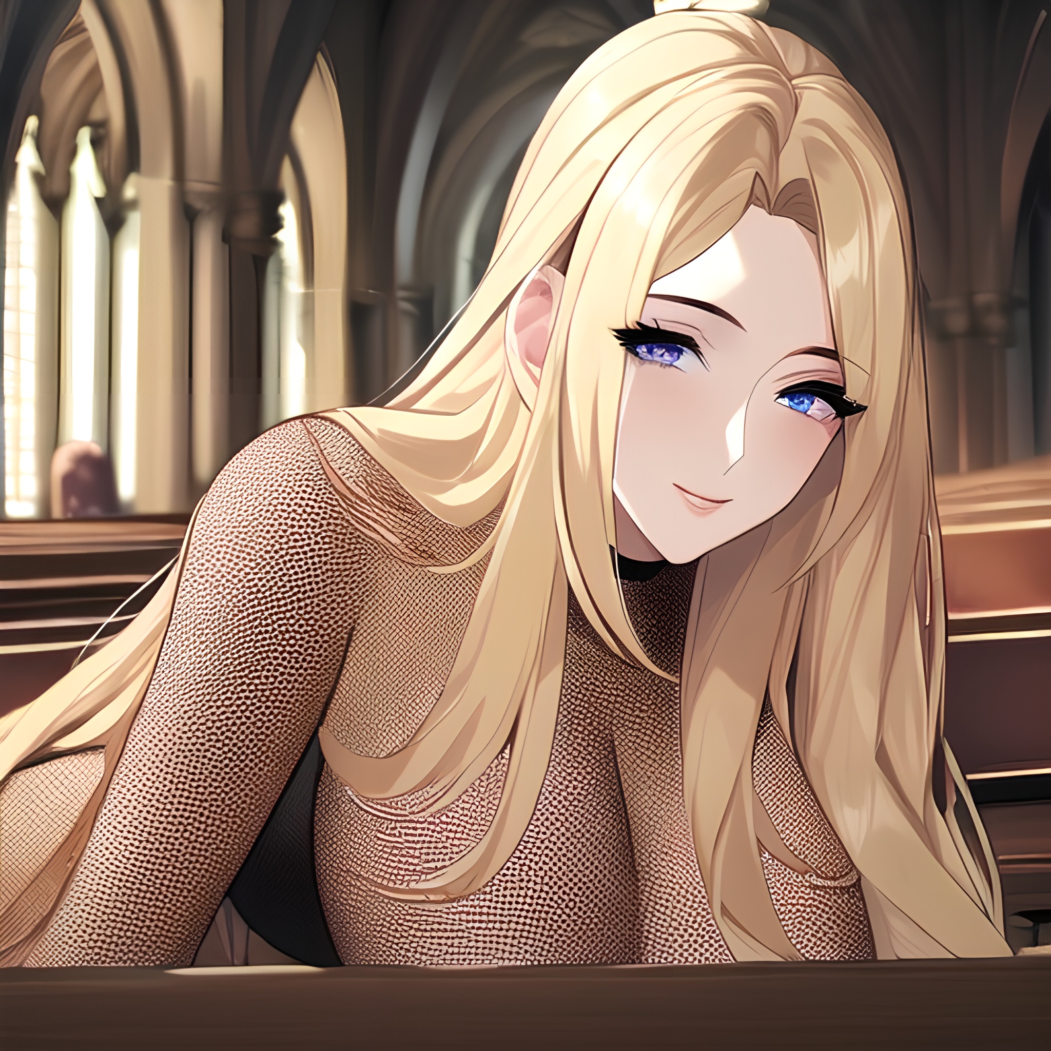 small boobs nude front view blonde church woman fishnet long hair 