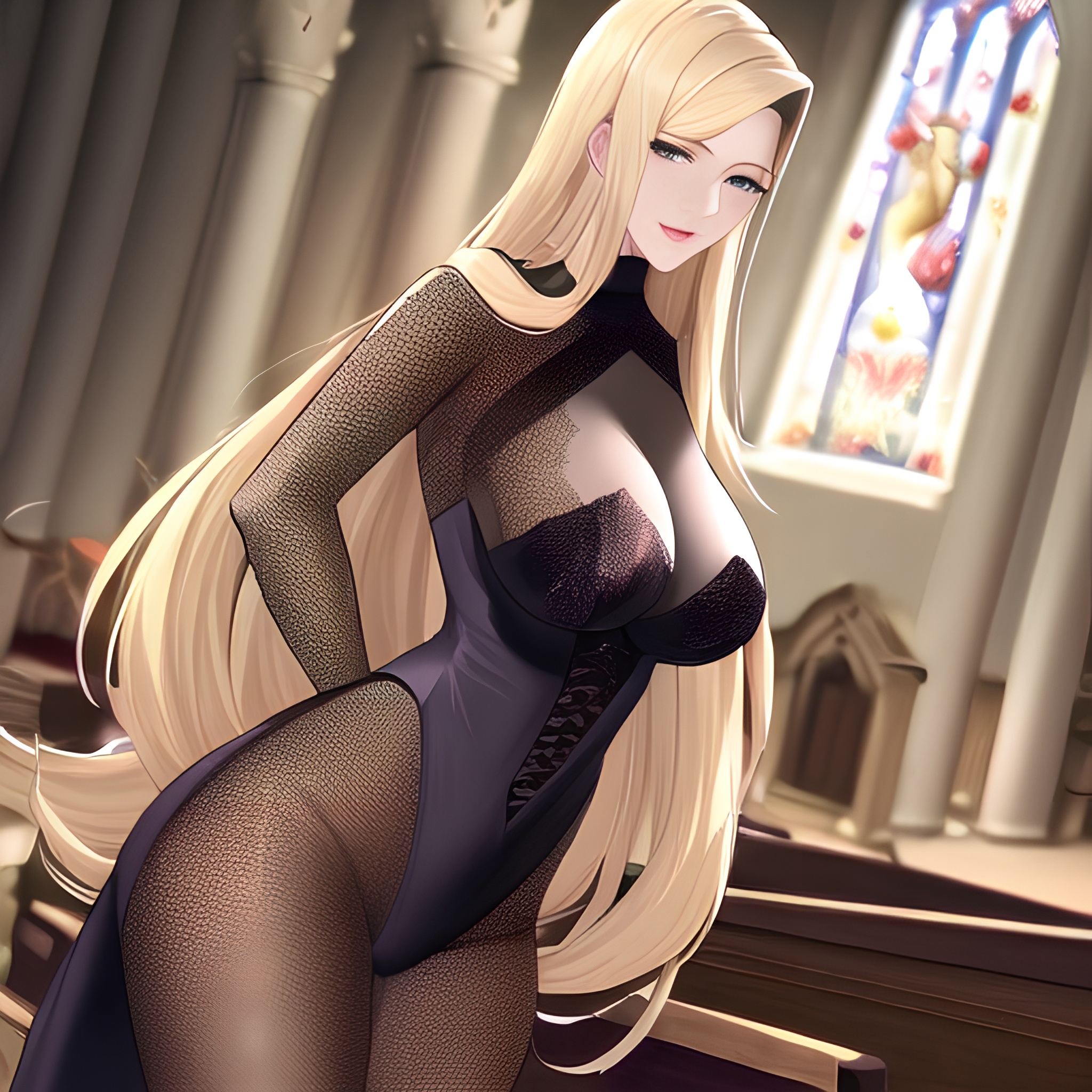 small boobs nude long hair woman fishnet church front view blonde