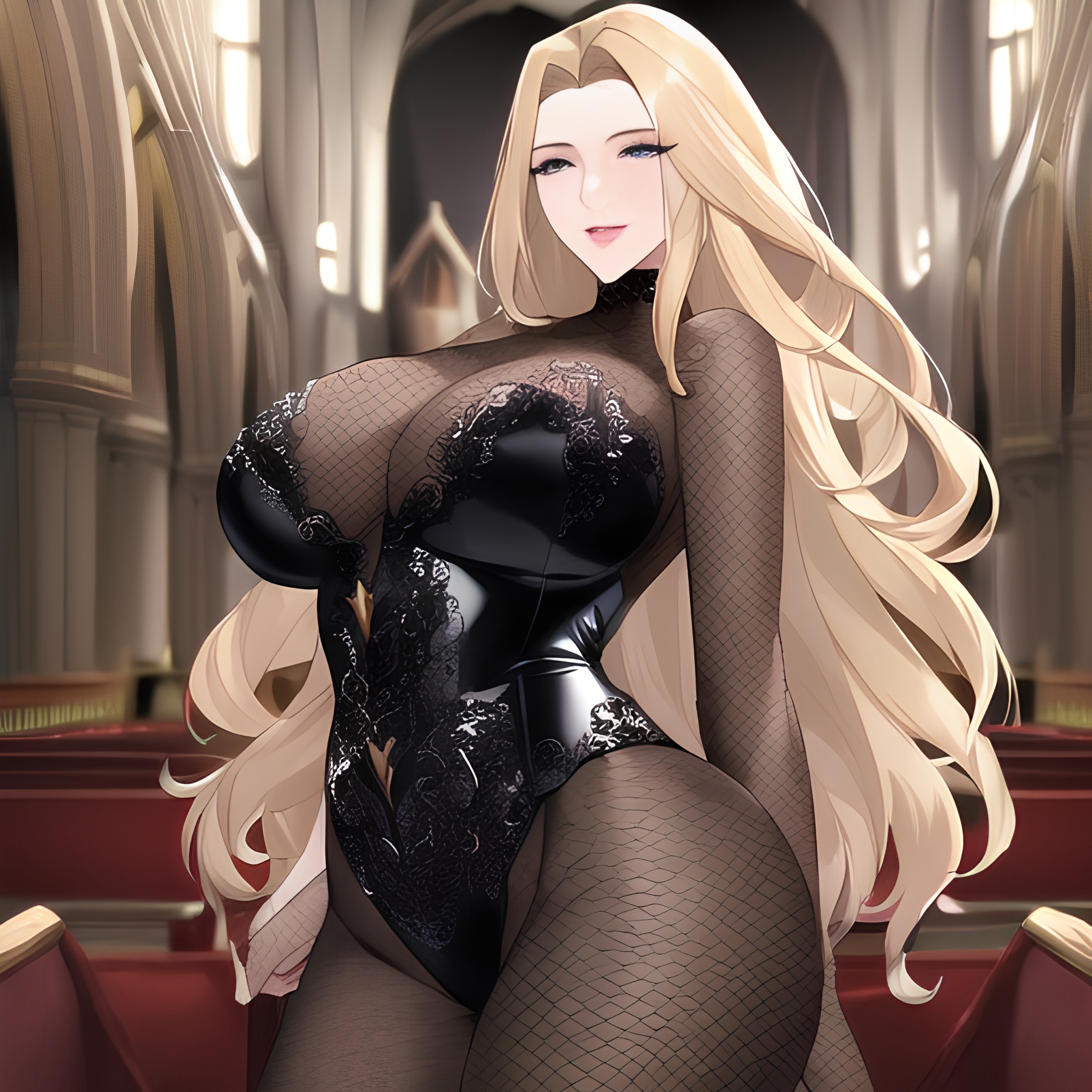 small boobs nude woman church front view blonde long hair fishnet 