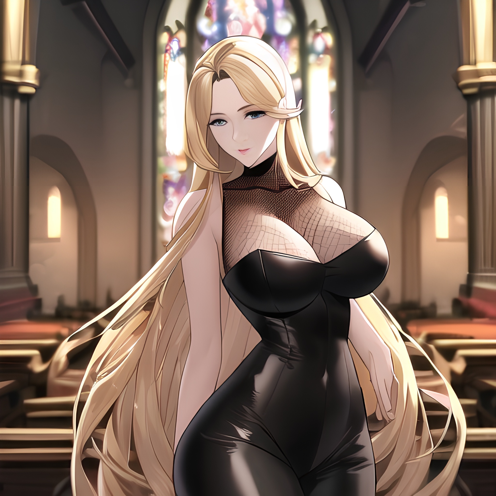 small boobs woman blonde long hair fishnet church front view nude 
