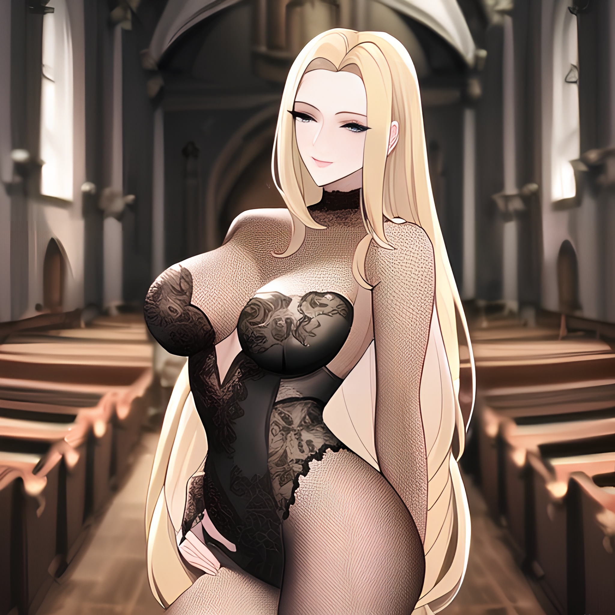 small boobs woman church front view long hair nude blonde fishnet 