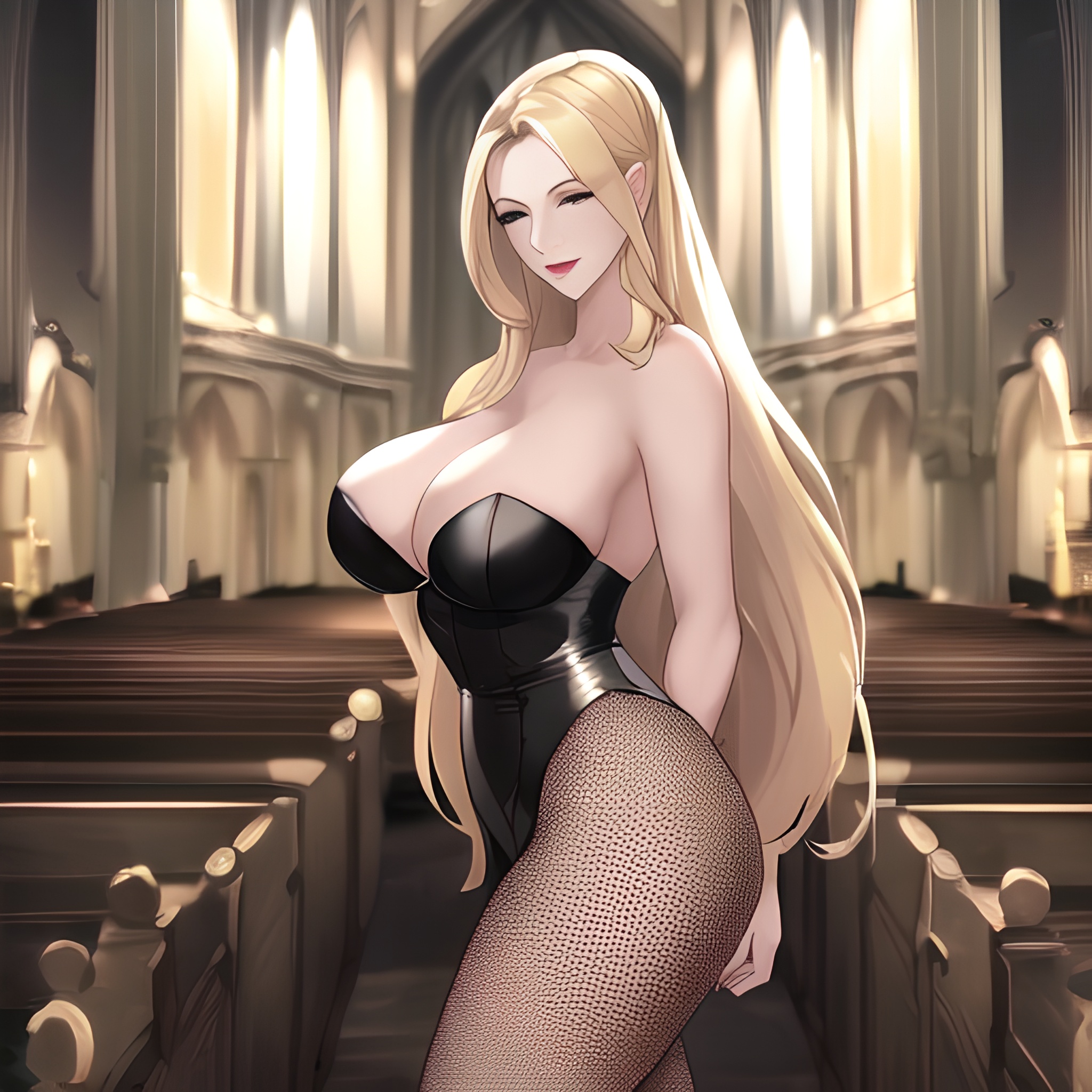 small boobs woman fishnet front view nude long hair blonde church 