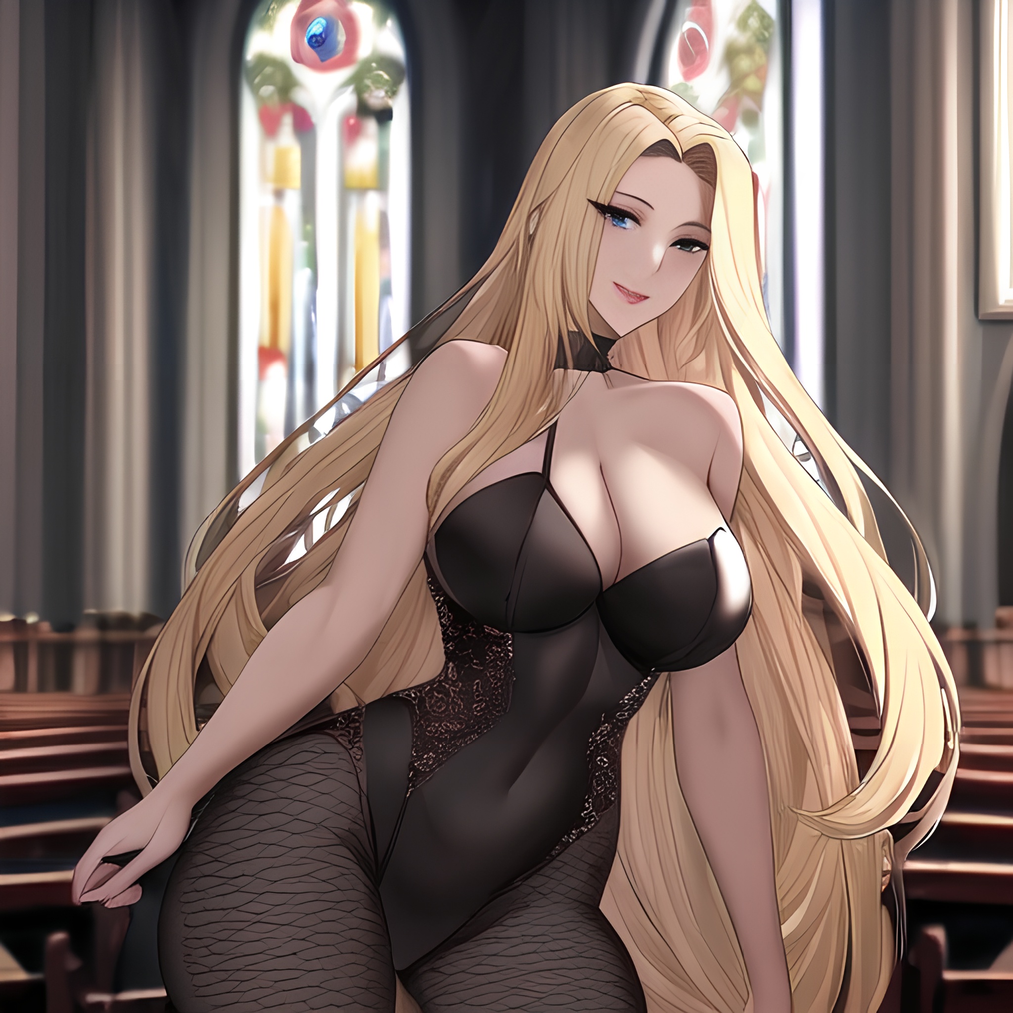 small boobs woman fishnet front view nude long hair blonde church 