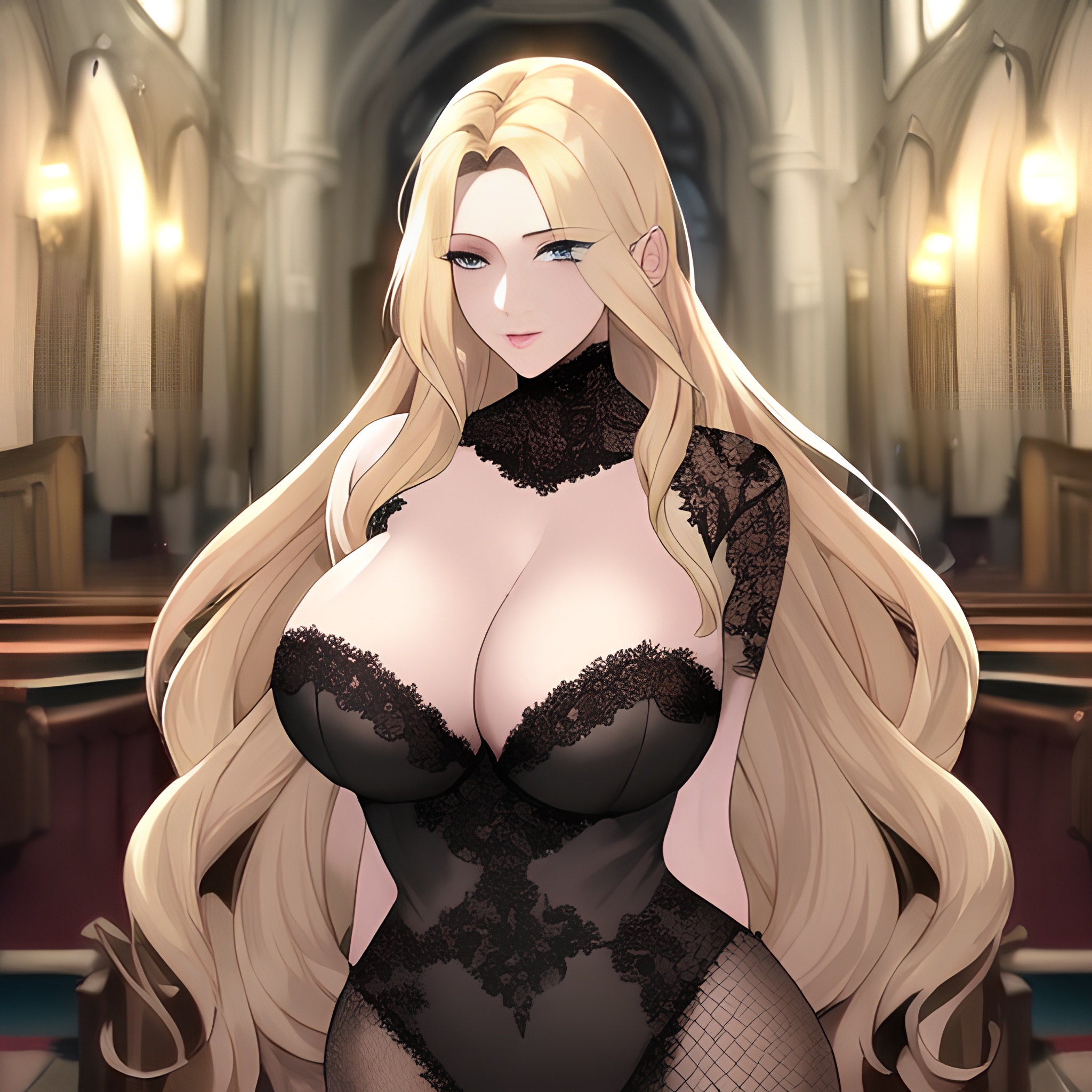 small boobs woman long hair fishnet front view blonde church nude 