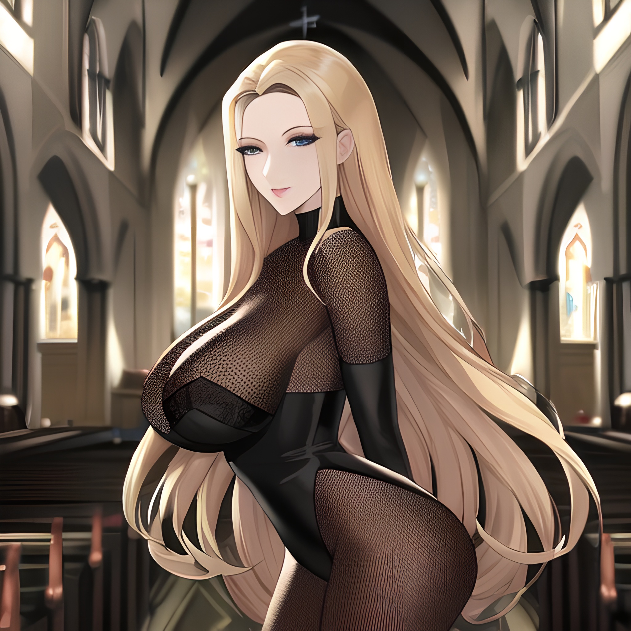 small boobs woman nude front view church blonde long hair fishnet 