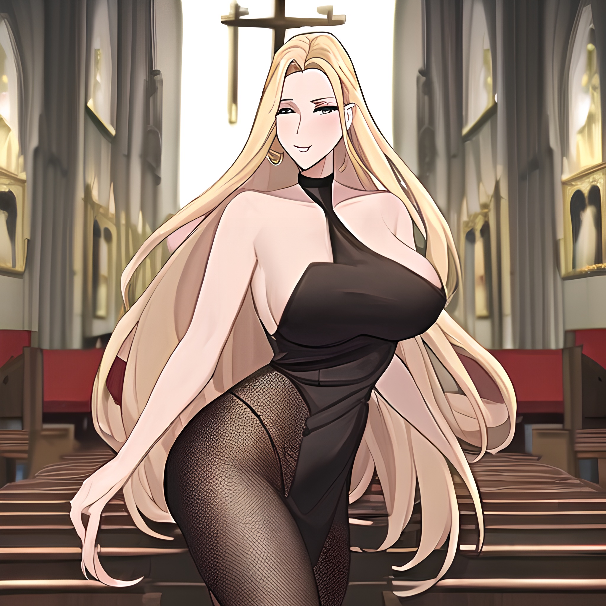 woman blonde church small boobs front view nude long hair fishnet