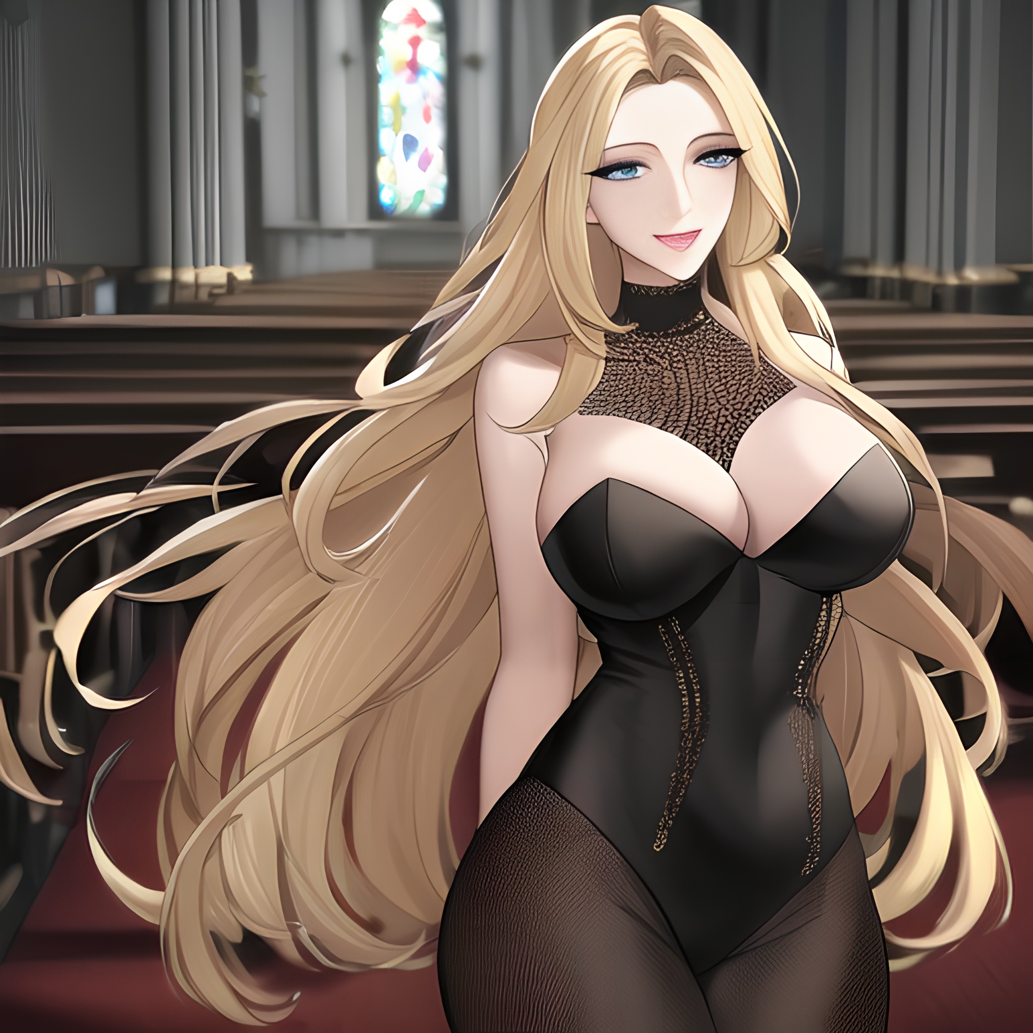 woman blonde church small boobs nude front view long hair fishnet 