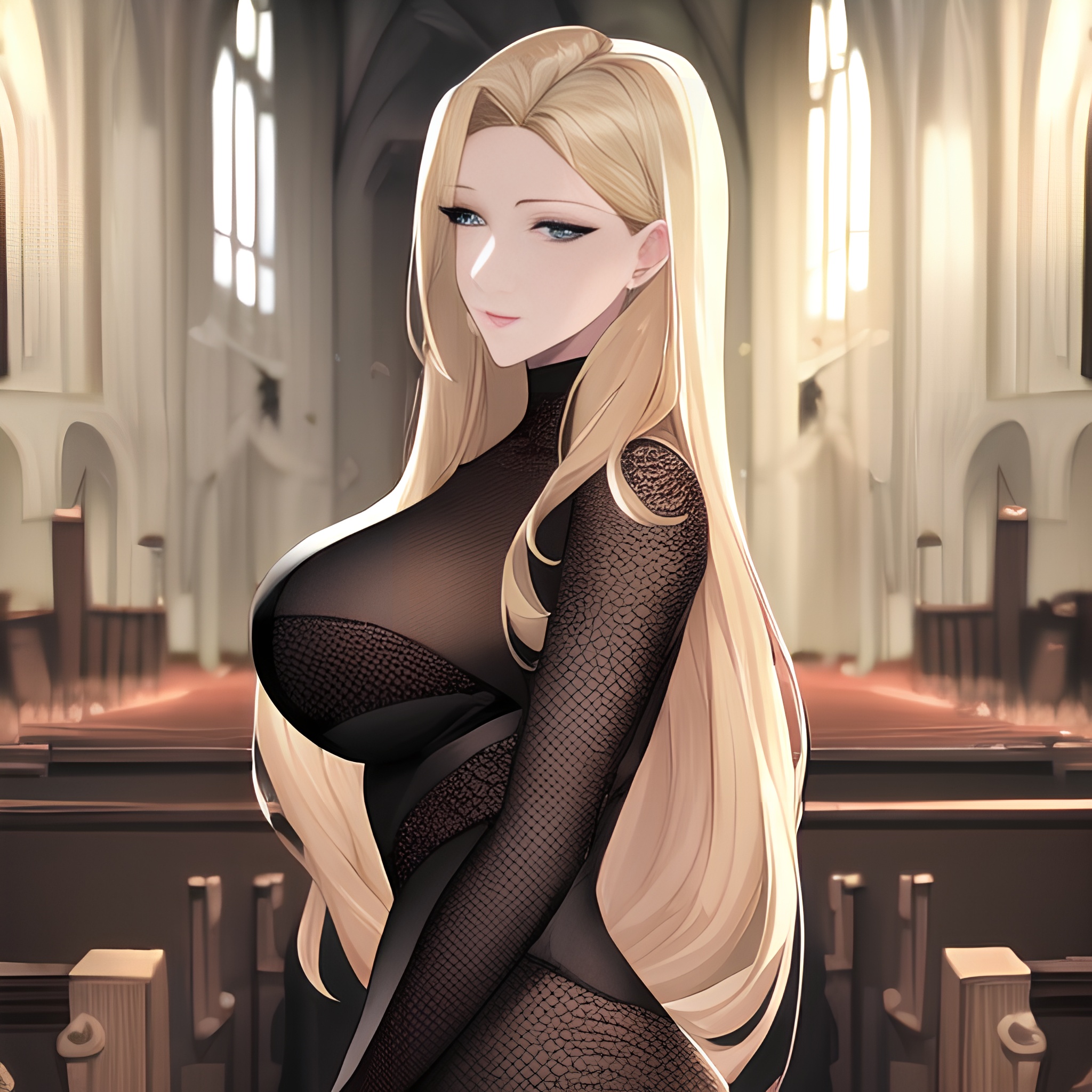 woman blonde front view small boobs nude church fishnet long hair 