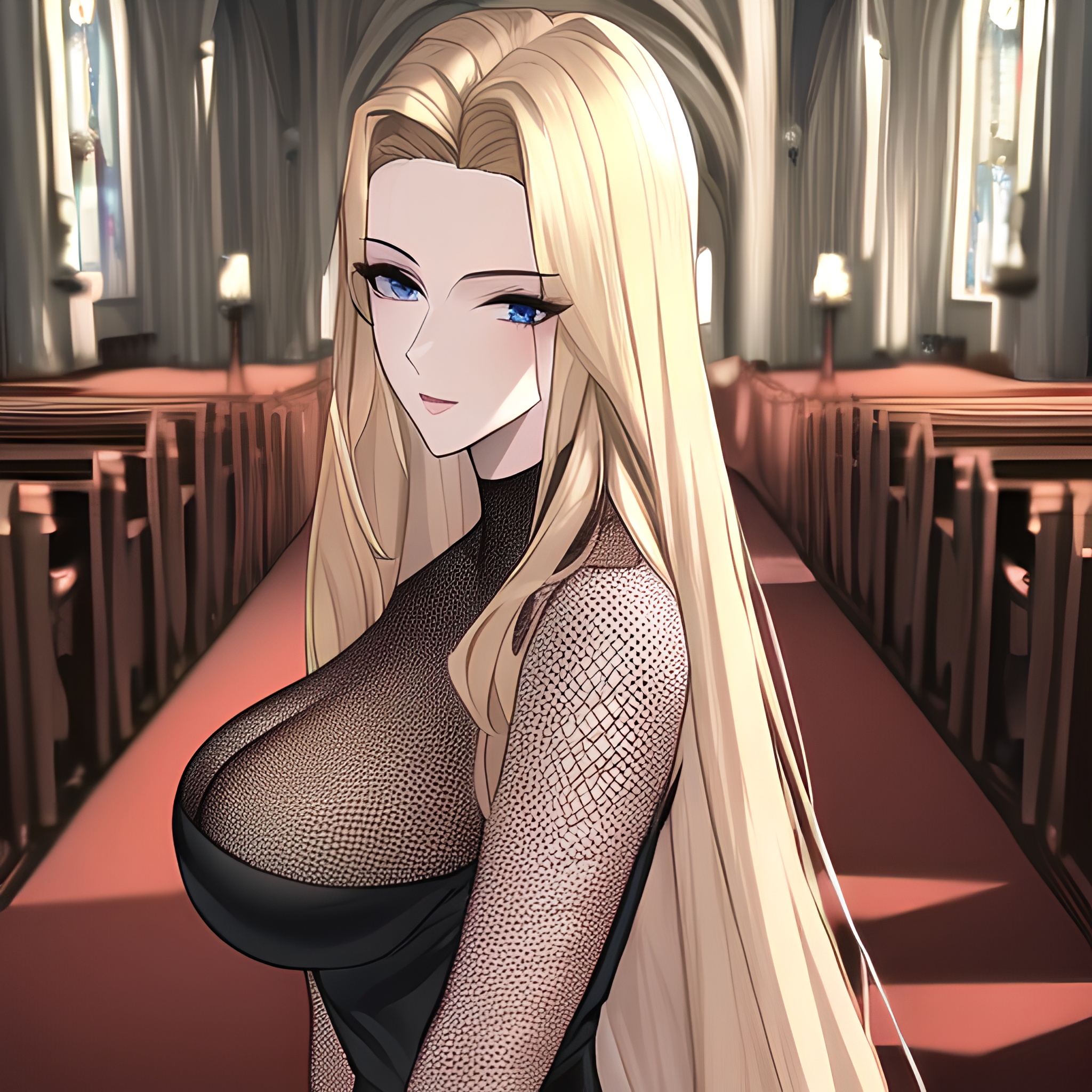 woman blonde long hair nude small boobs front view church fishnet 