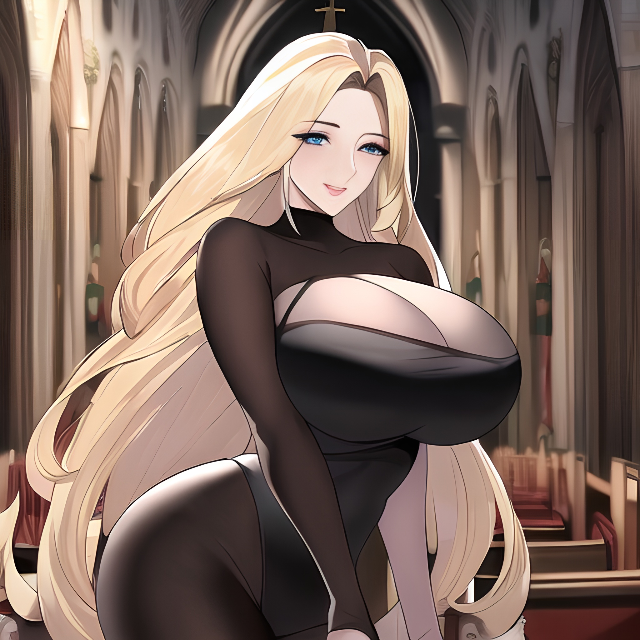 woman blonde nude long hair church small boobs front view fishnet 