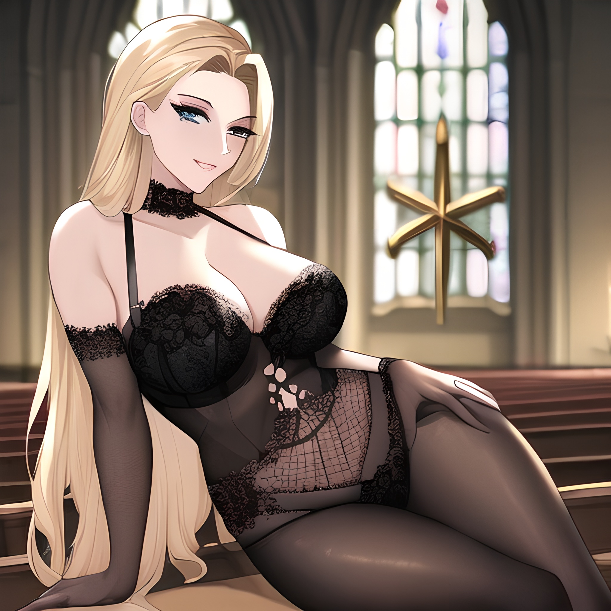 woman church fishnet long hair small boobs nude front view blonde 