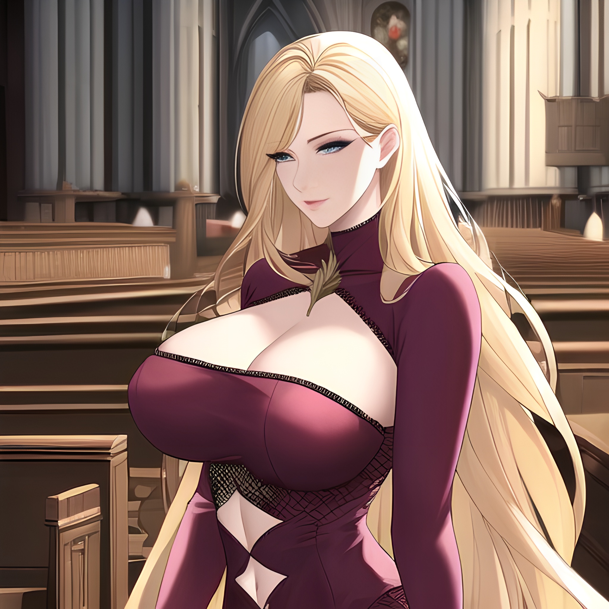 woman church fishnet nude blonde long hair small boobs front view 