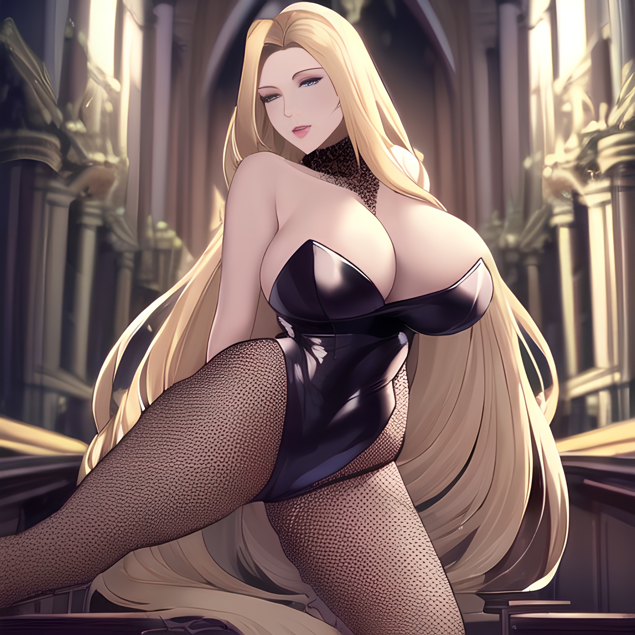 woman church fishnet small boobs front view long hair blonde nude 