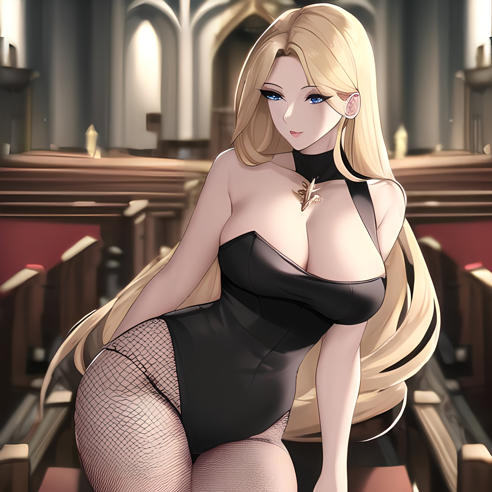 woman church front view blonde long hair small boobs nude fishnet 