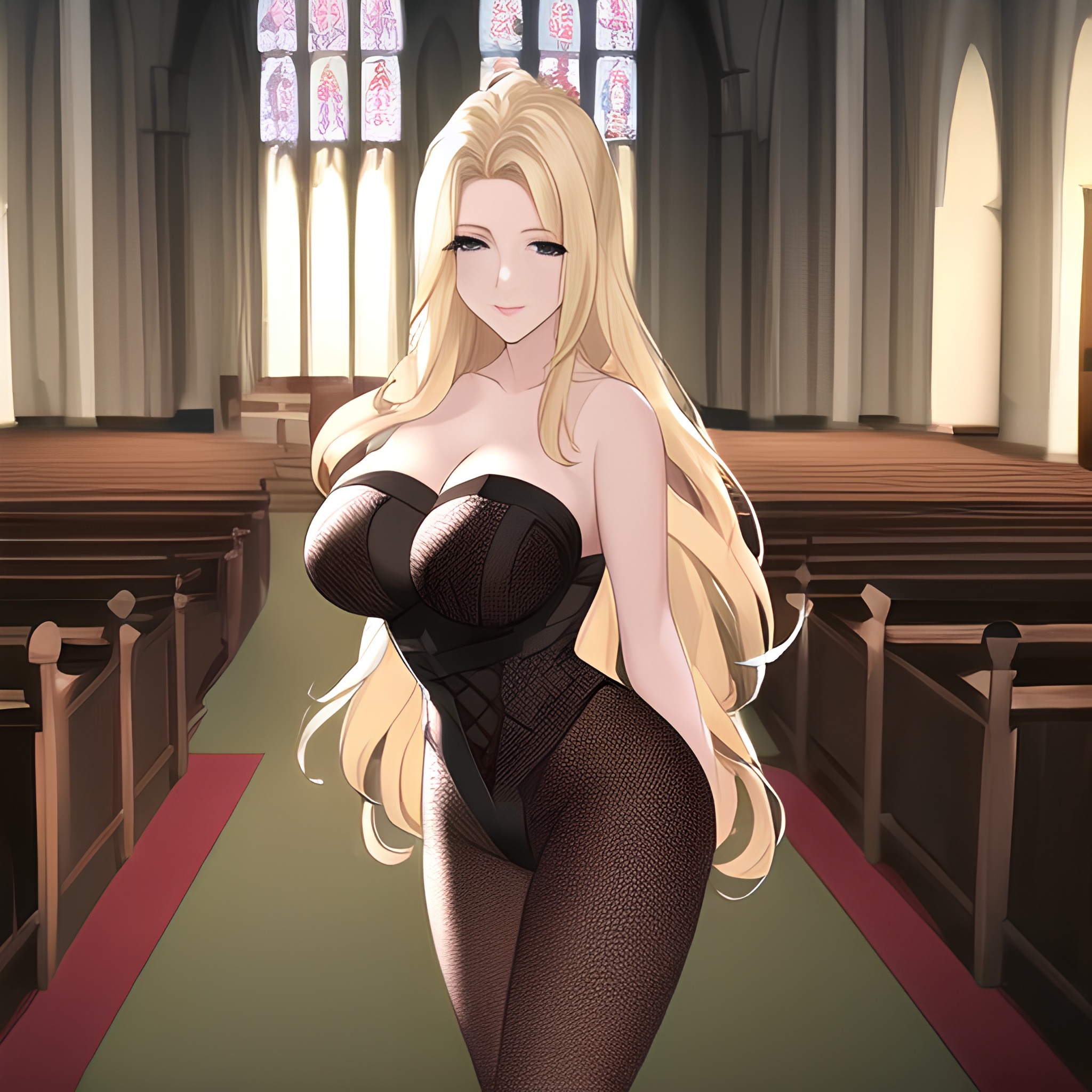 woman church front view fishnet small boobs nude long hair blonde 