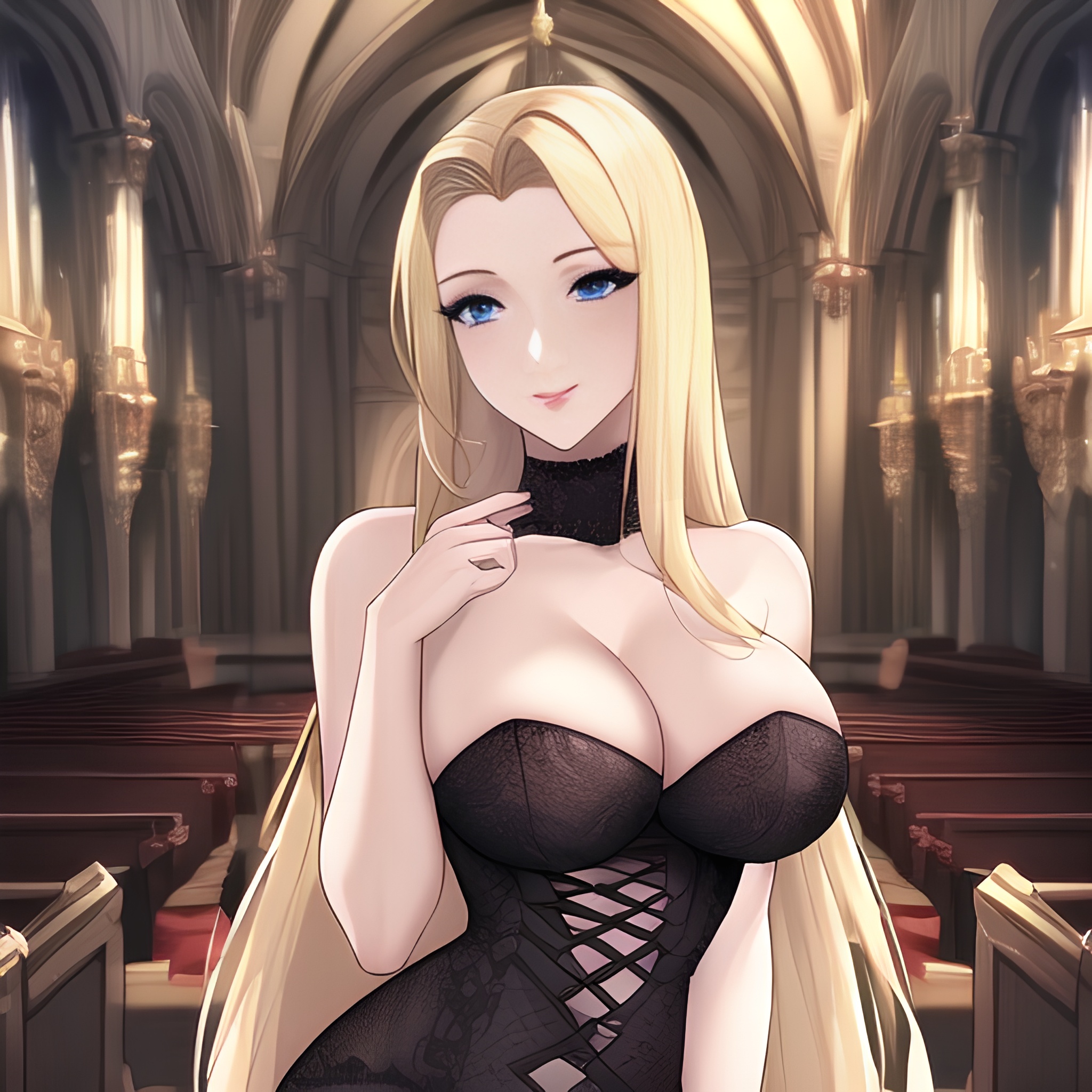 woman church front view nude small boobs fishnet long hair blonde 