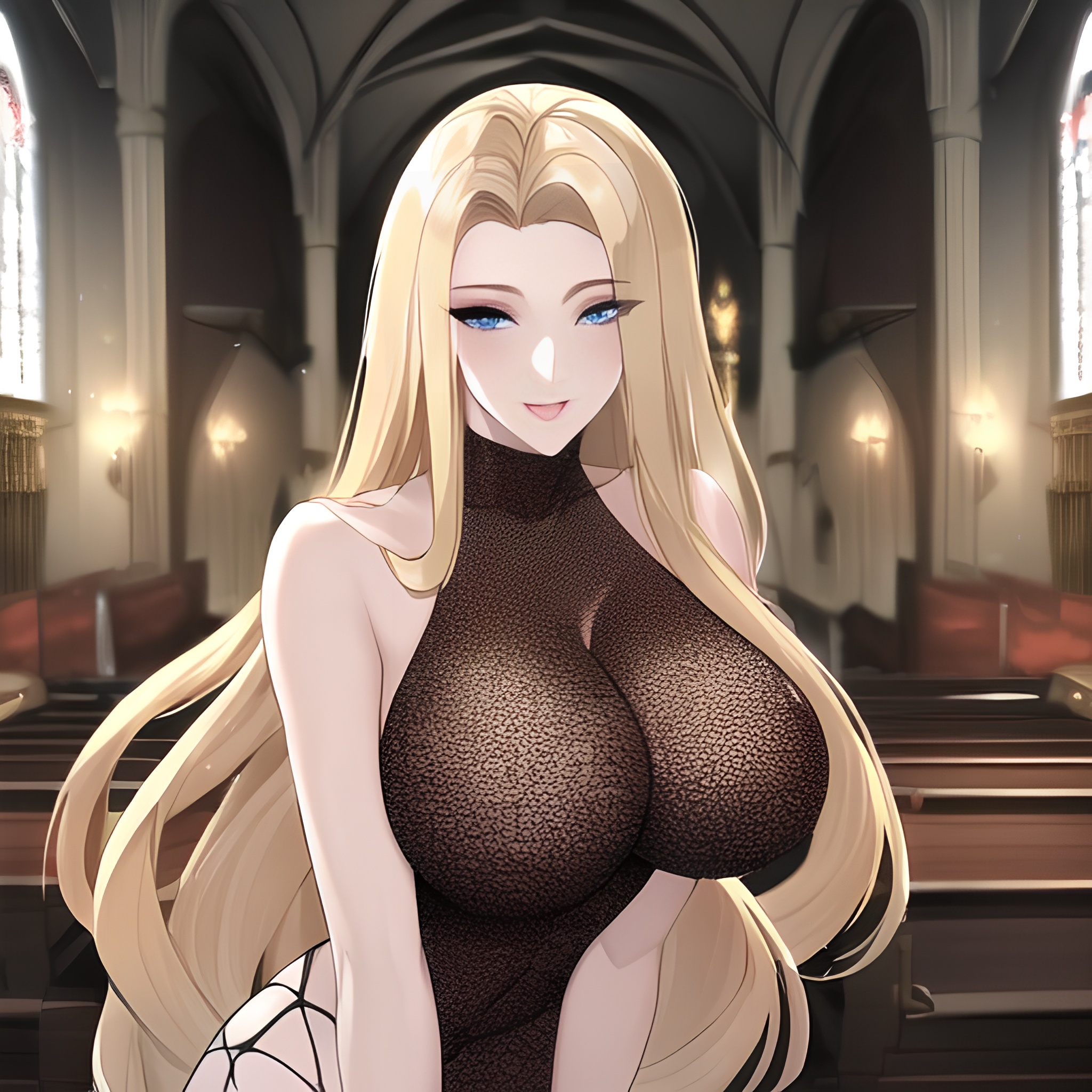 woman church long hair front view nude small boobs blonde fishnet 