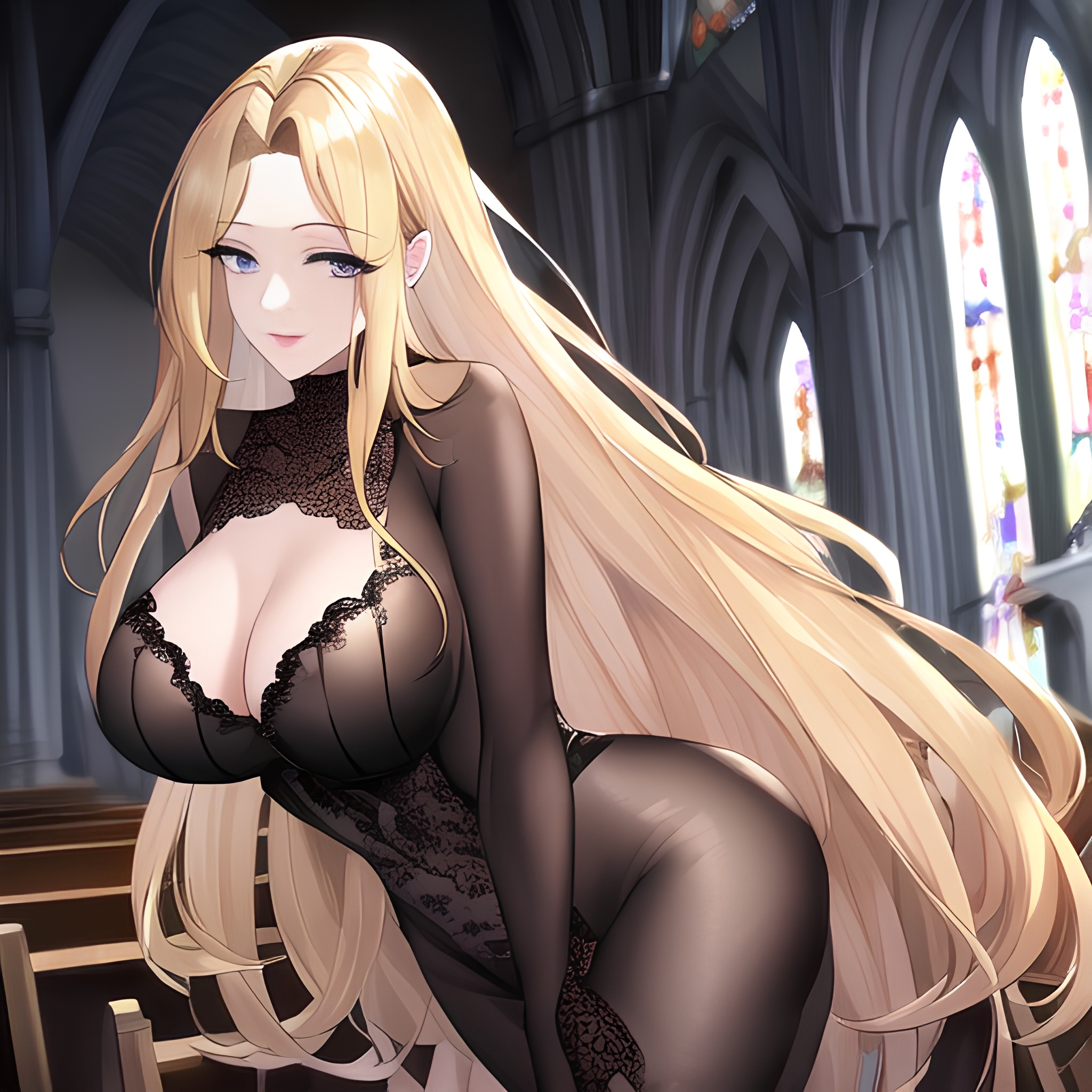 woman church nude front view long hair fishnet small boobs blonde