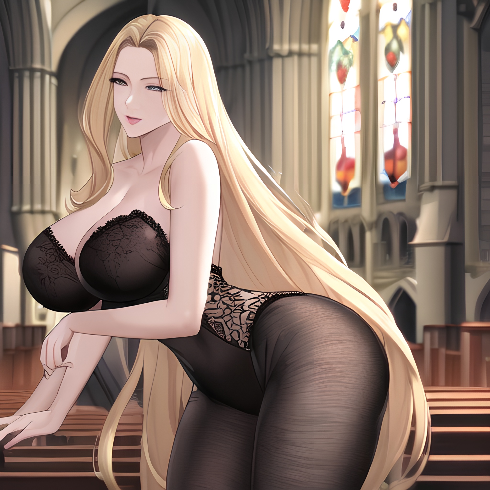 woman church small boobs blonde long hair fishnet nude front view