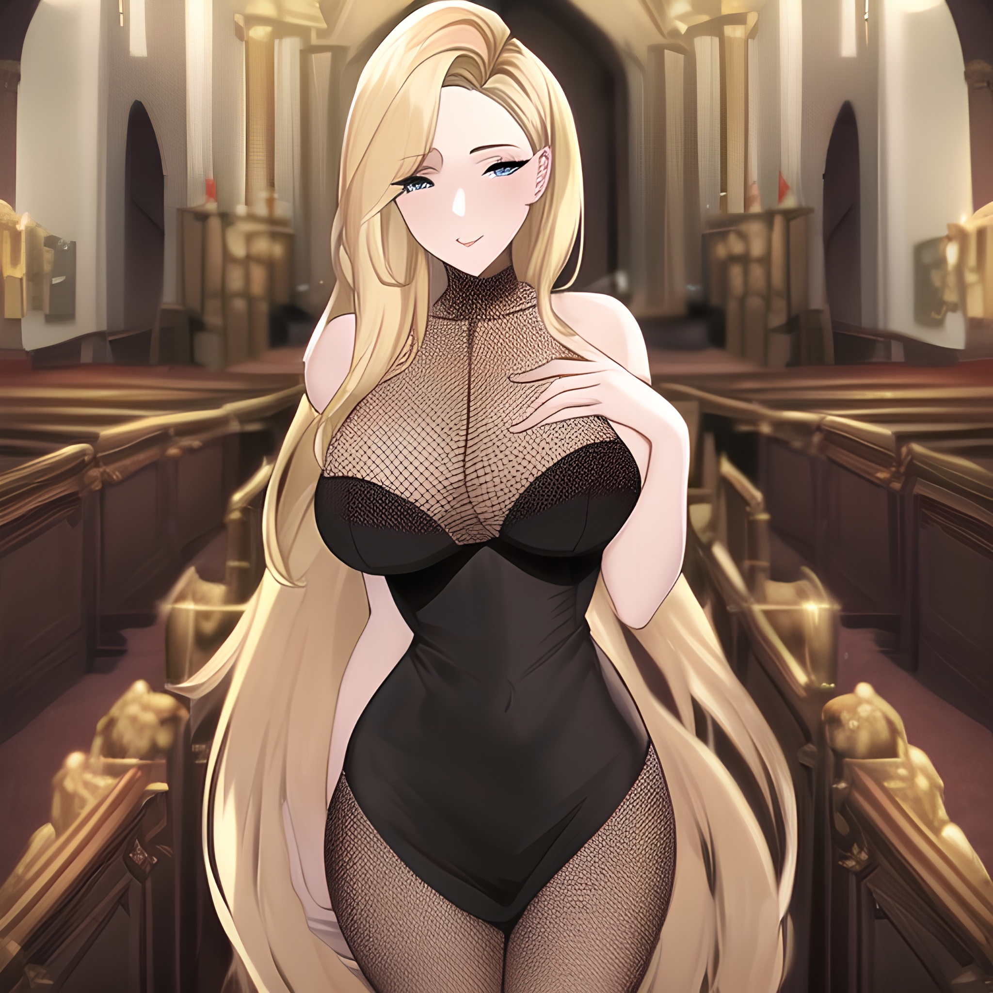 woman church small boobs fishnet front view long hair nude blonde 