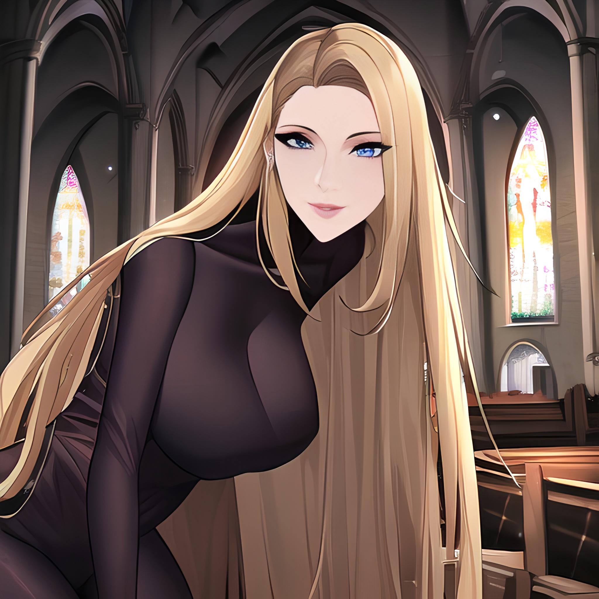 woman fishnet blonde nude church long hair front view small boobs