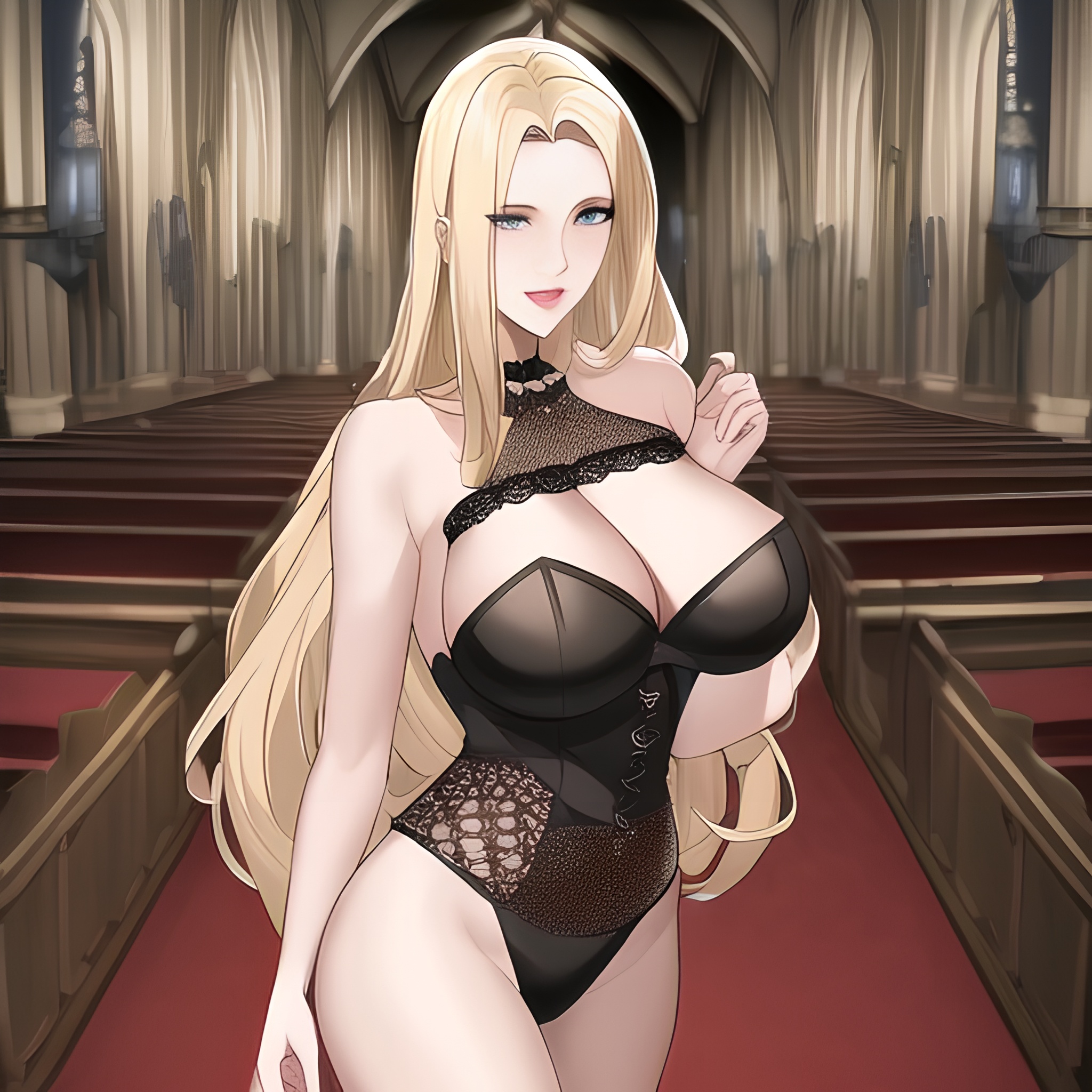woman fishnet church blonde small boobs front view nude long hair 