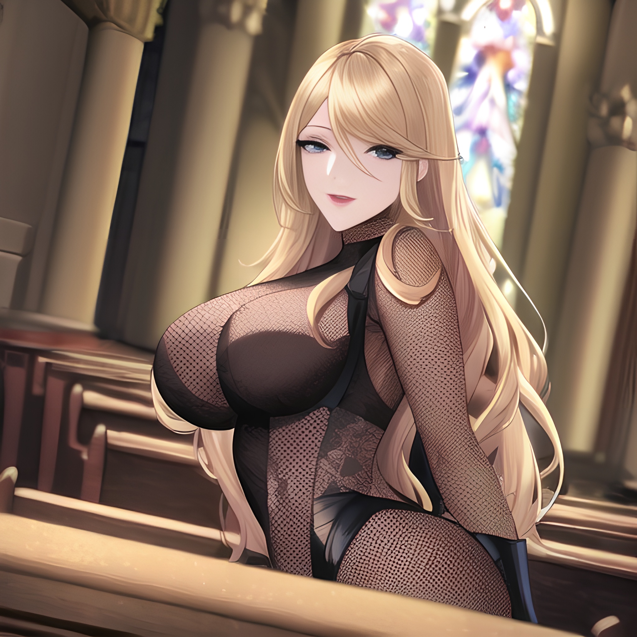 woman fishnet church front view long hair small boobs blonde nude 