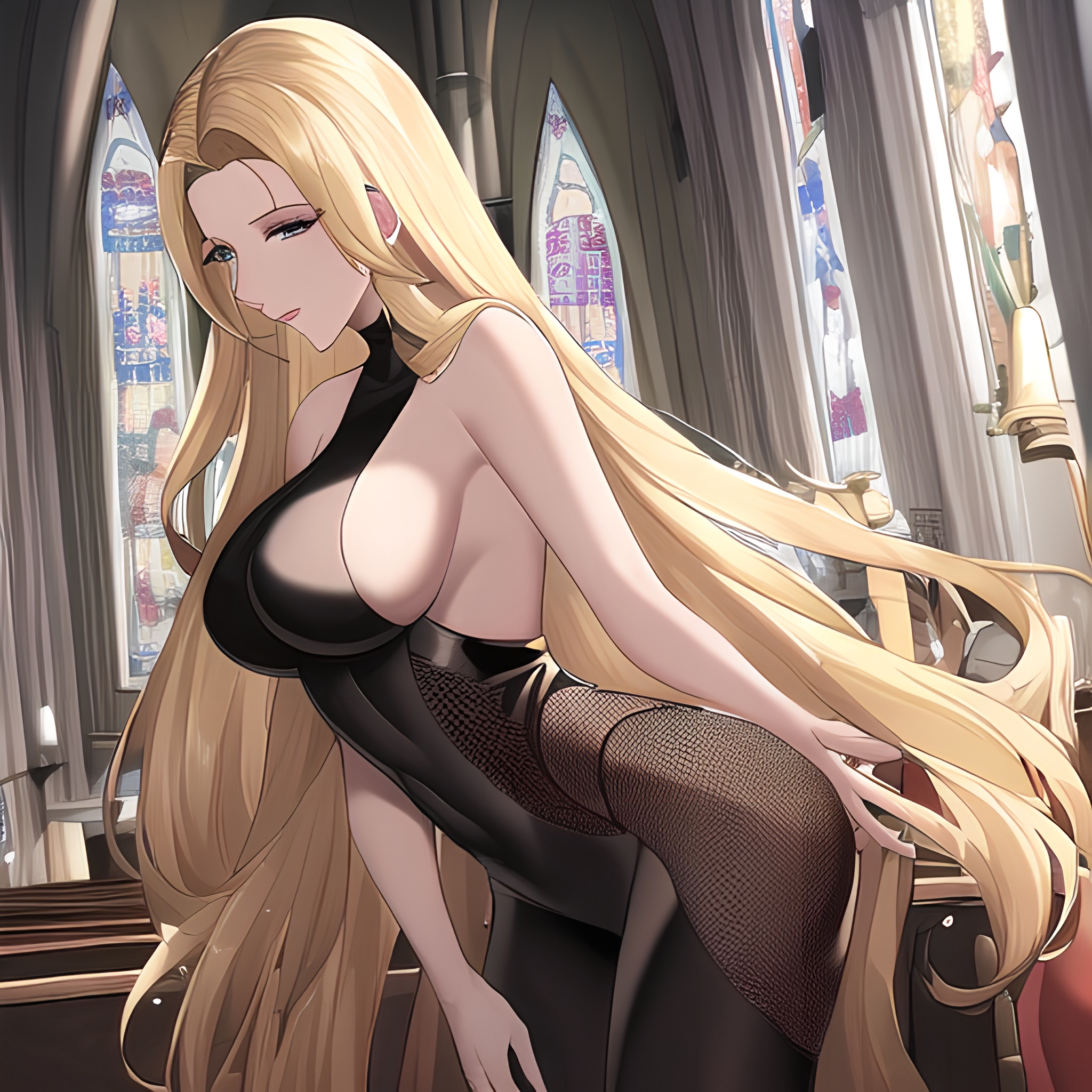 woman fishnet front view long hair church small boobs blonde nude 