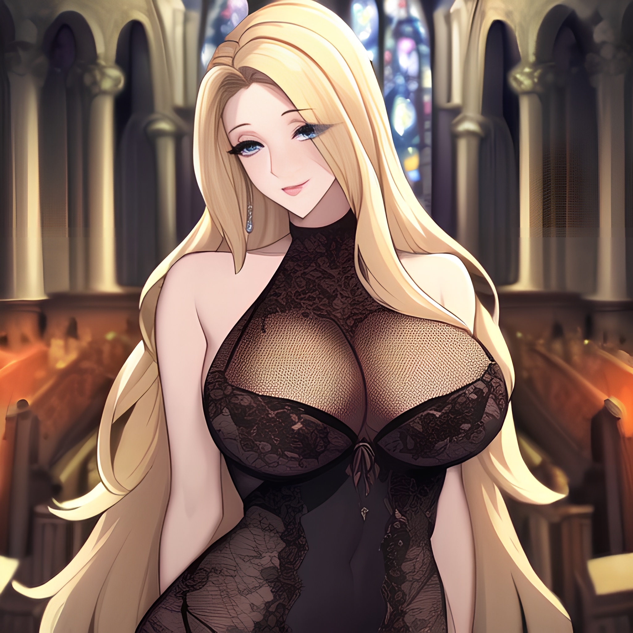 woman fishnet front view small boobs long hair blonde nude church 