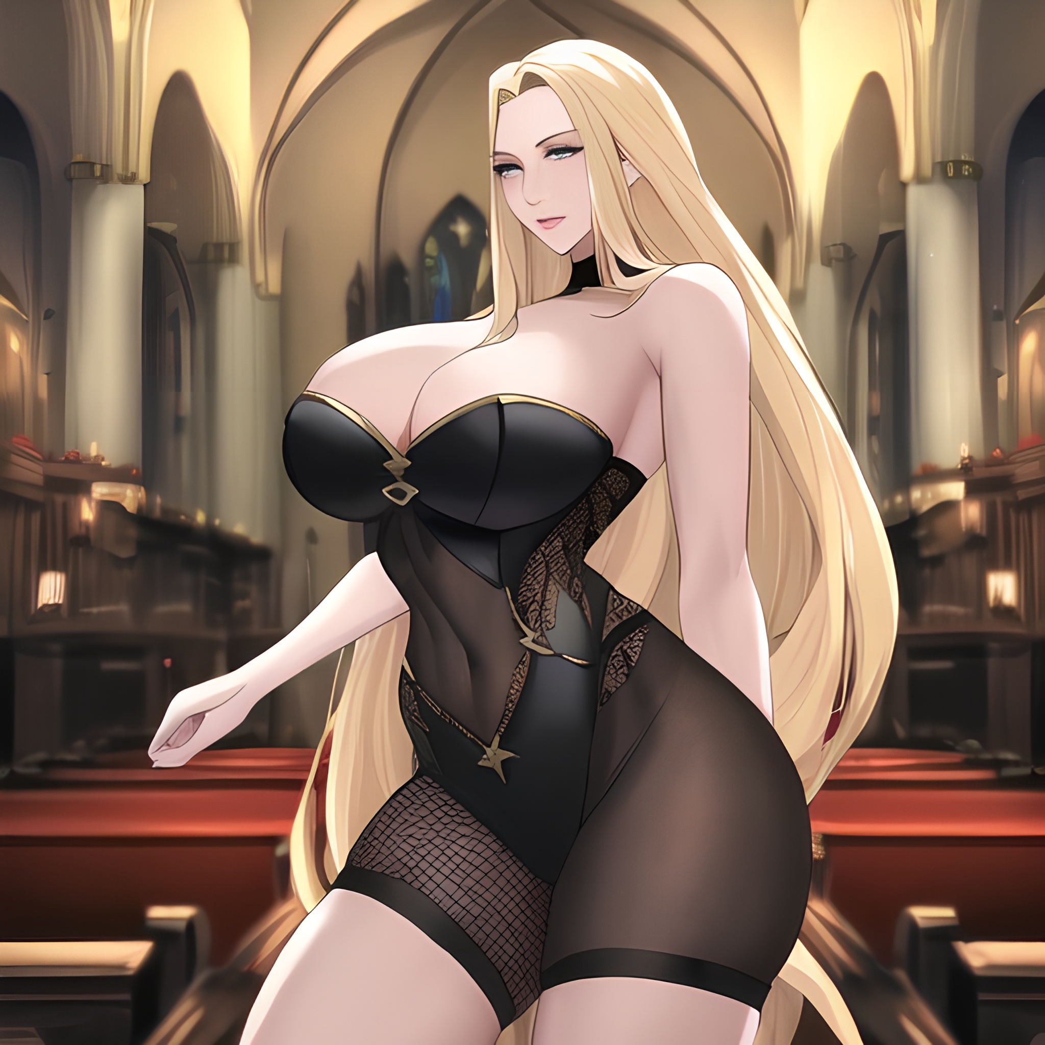 woman fishnet long hair church blonde front view nude small boobs 
