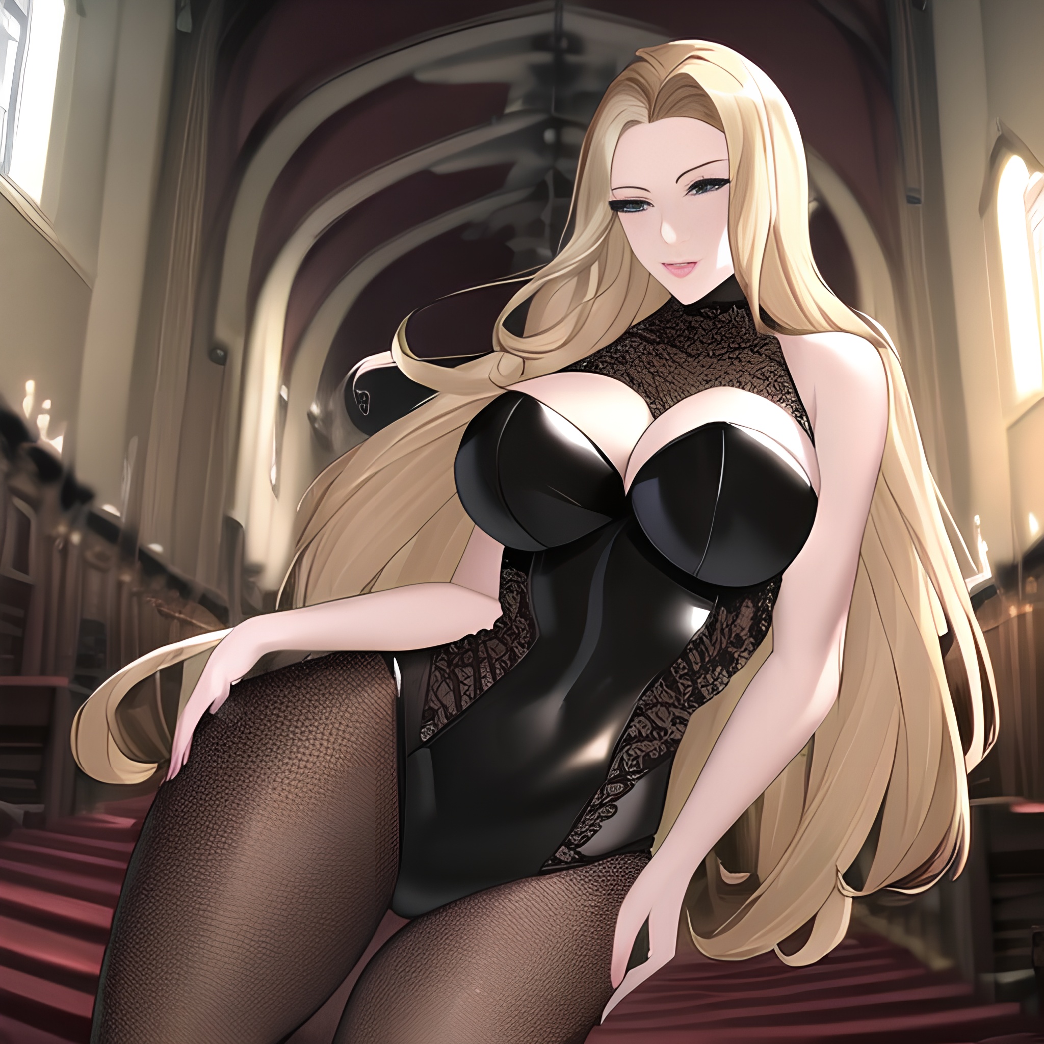 woman fishnet long hair church small boobs blonde nude front view 