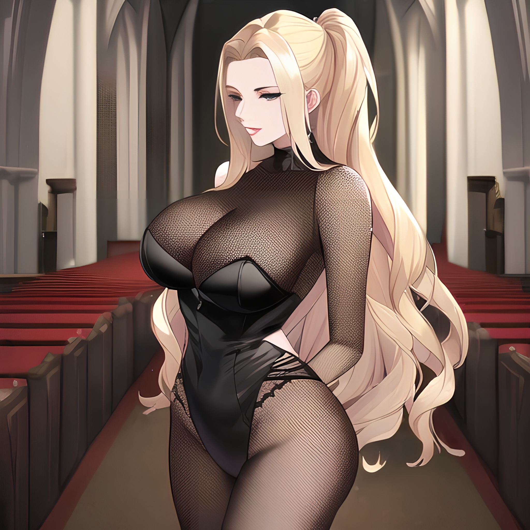 woman fishnet long hair small boobs church blonde front view nude 