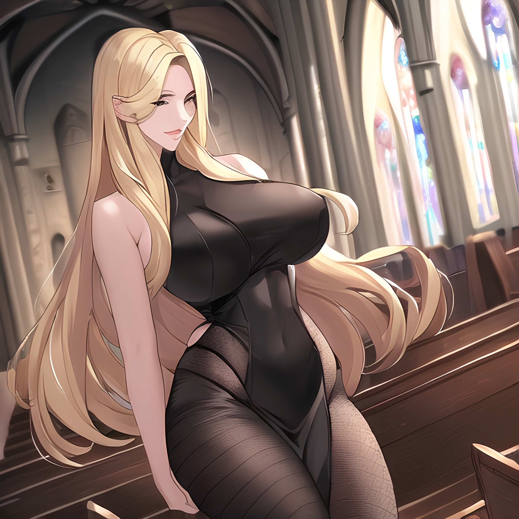 woman fishnet long hair small boobs front view blonde church nude 