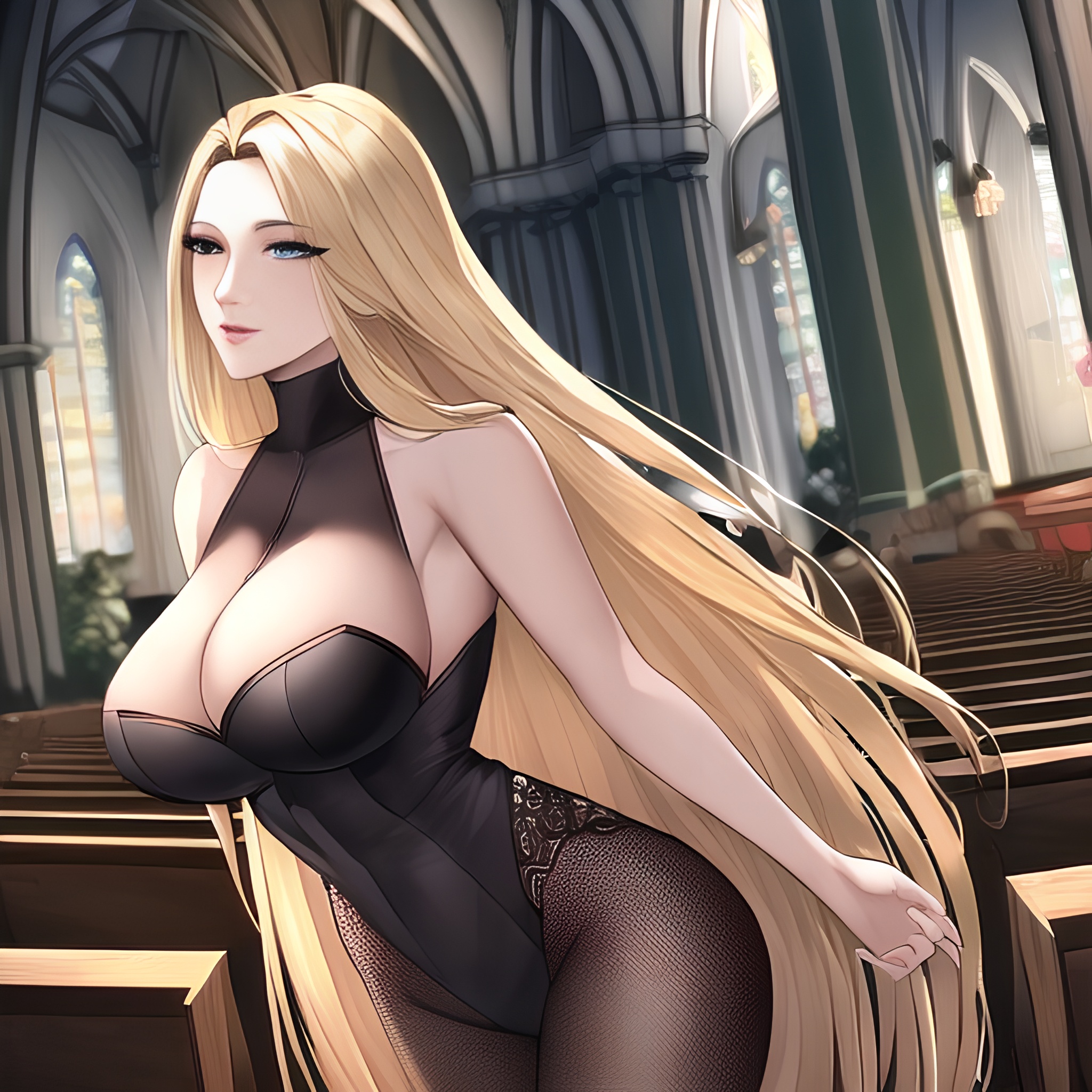 woman front view blonde church fishnet long hair nude small boobs 